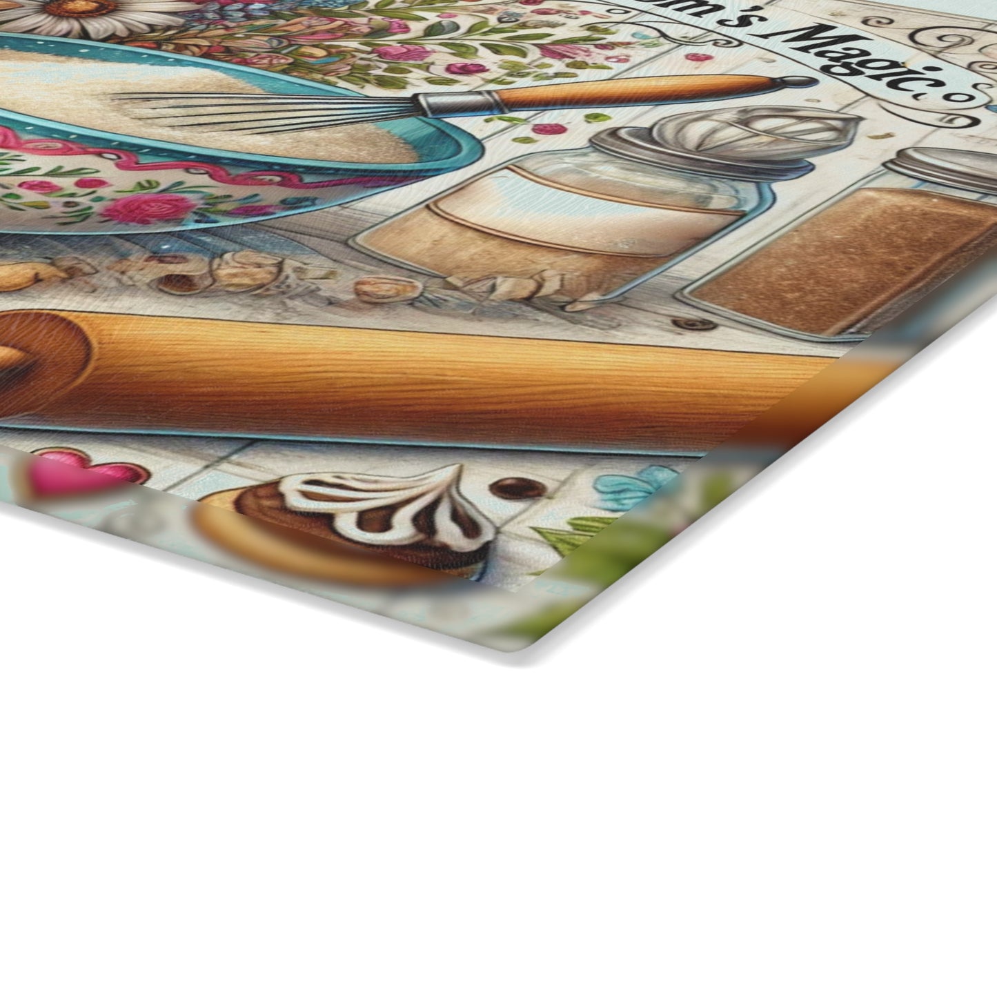 Tabla de cortar de vidrio “Hecha con amor y un toque de la magia de mamá”: decoración de cocina inspirada en la repostería saludable 🧁✨