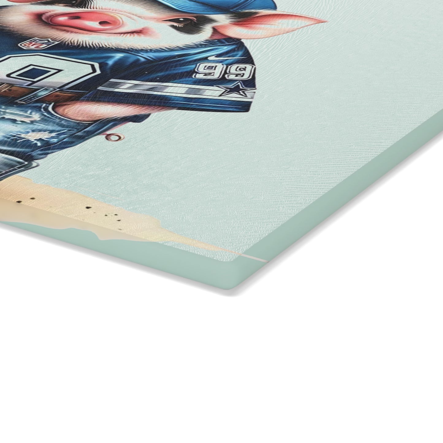 Tabla de cortar de vidrio con diseño de cerdo Jersey azul y blanco: divertida tabla de charcutería con estilo sureño