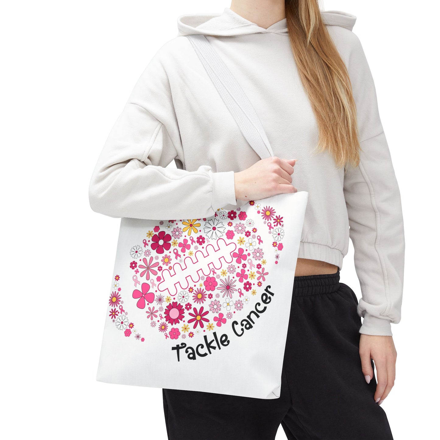 ๐ธ Pink Floral Football Tote Bag โ Game Day Meets Breast Cancer Awareness ๐๐