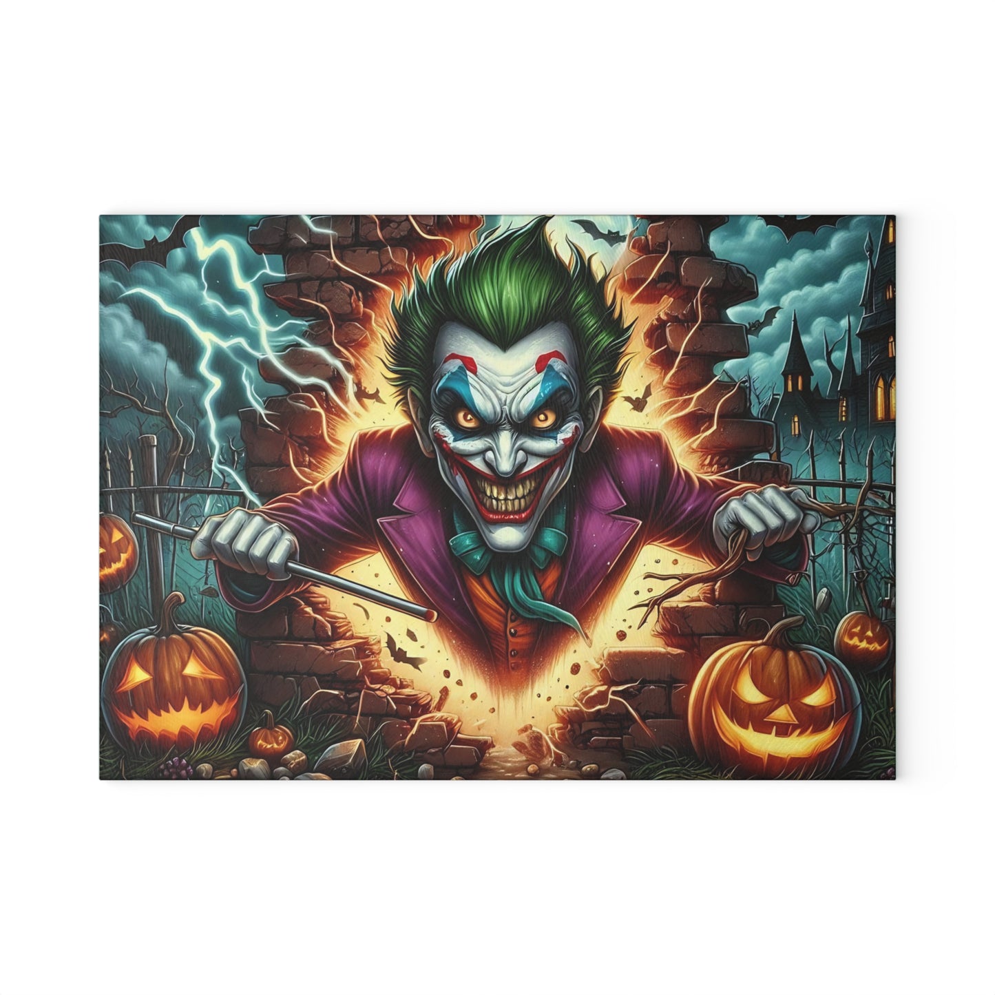 🎃 Sinister Clown Explosion Cutting Board – Halloween Mayhem with Pumpkins, Lightning & Haunted Vibes 💥💀