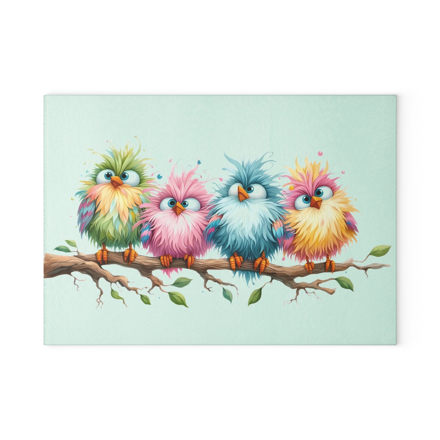 Tabla de cortar - Diseño pastel de pájaros esponjosos - Rosa rosa única en un campo de margaritas, Regalo único, Tabla de cortar de vidrio, Tabla de charcutería, Tabla de cortar personalizada, Flores