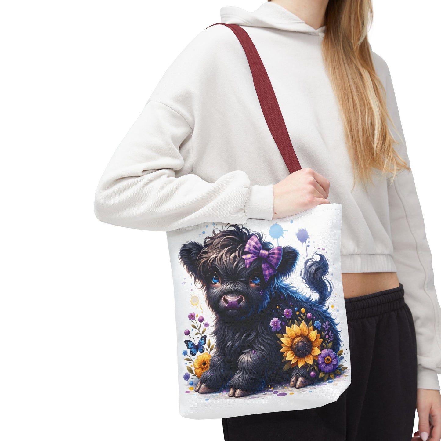 💜 Purple Bow Black Highland Calf Tote Bag – Country Charm with a Pop of Color 🐮👜