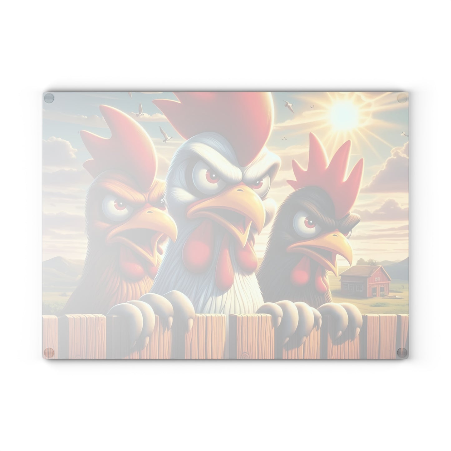 🐔 Three Angry Chickens Glass Cutting Board – Funny Farmhouse Kitchen Decor