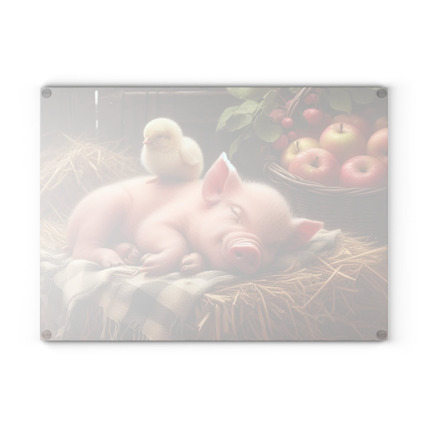 Tabla de cortar con diseño de cerdito y pollito en heno con manzanas, regalo único, tabla de cortar de vidrio, tabla de charcutería, tabla de cortar personalizada