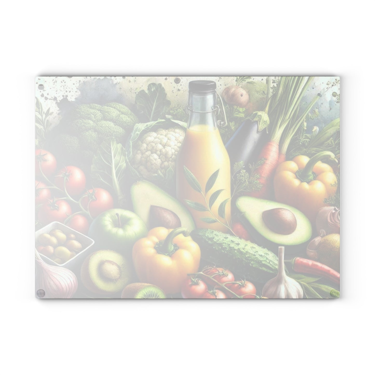 Tabla de cortar de vidrio templado para verduras con una vibrante variedad de verduras frescas