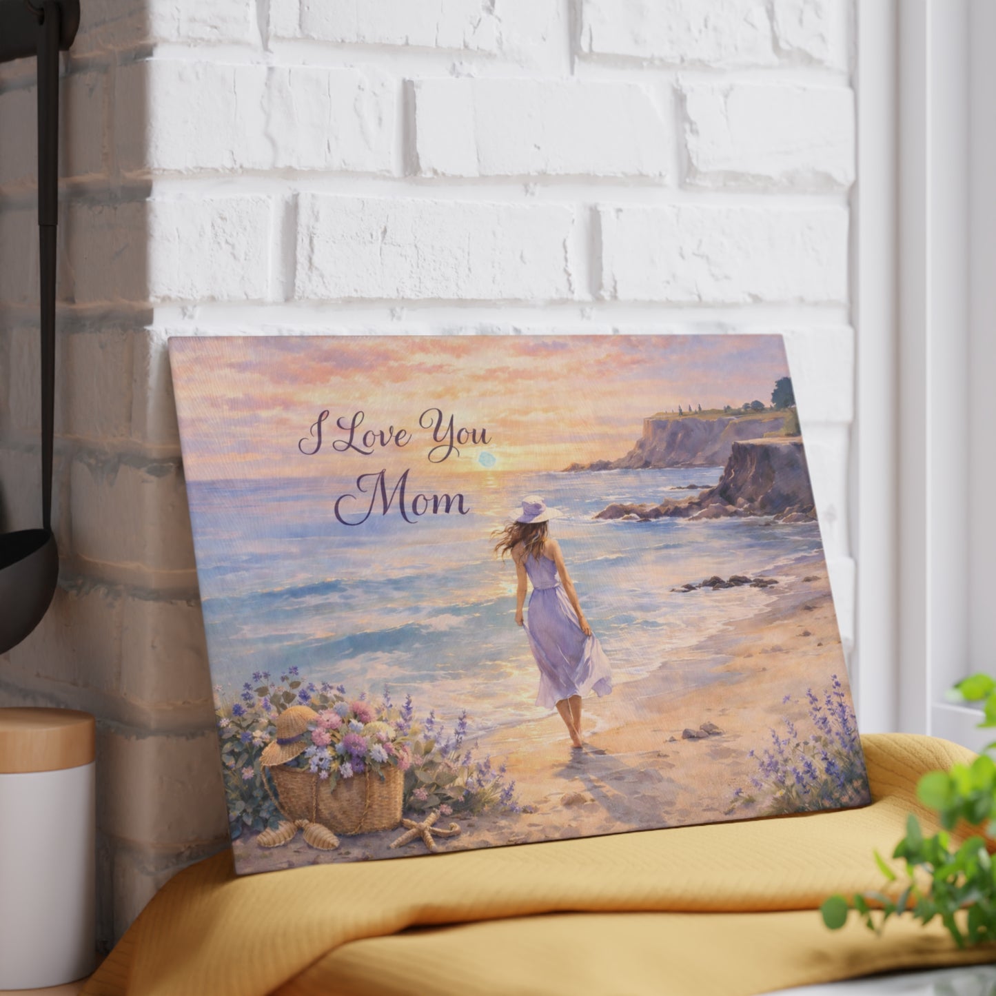 “I Love You Mom” Beach Sunset Glass Cutting Board – Mother’s Day Gift for Mom