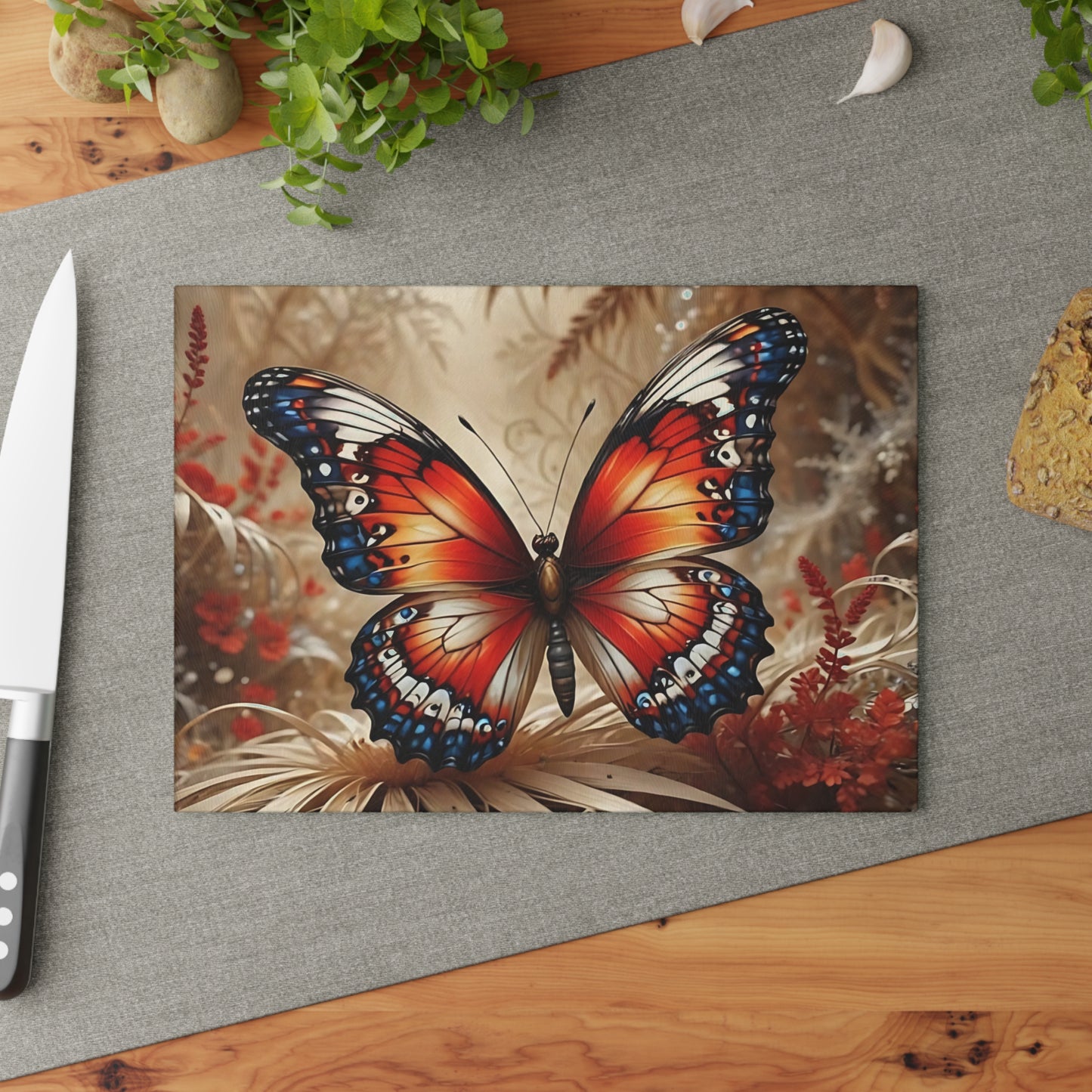 Hermosa tabla de cortar de vidrio con forma de mariposa, decoración de mariposas, tabla de cortar, decoración de cocina, arte de cocina, tabla para servir, regalo de pavo real, regalo de mariposa, tabla de cortar floral