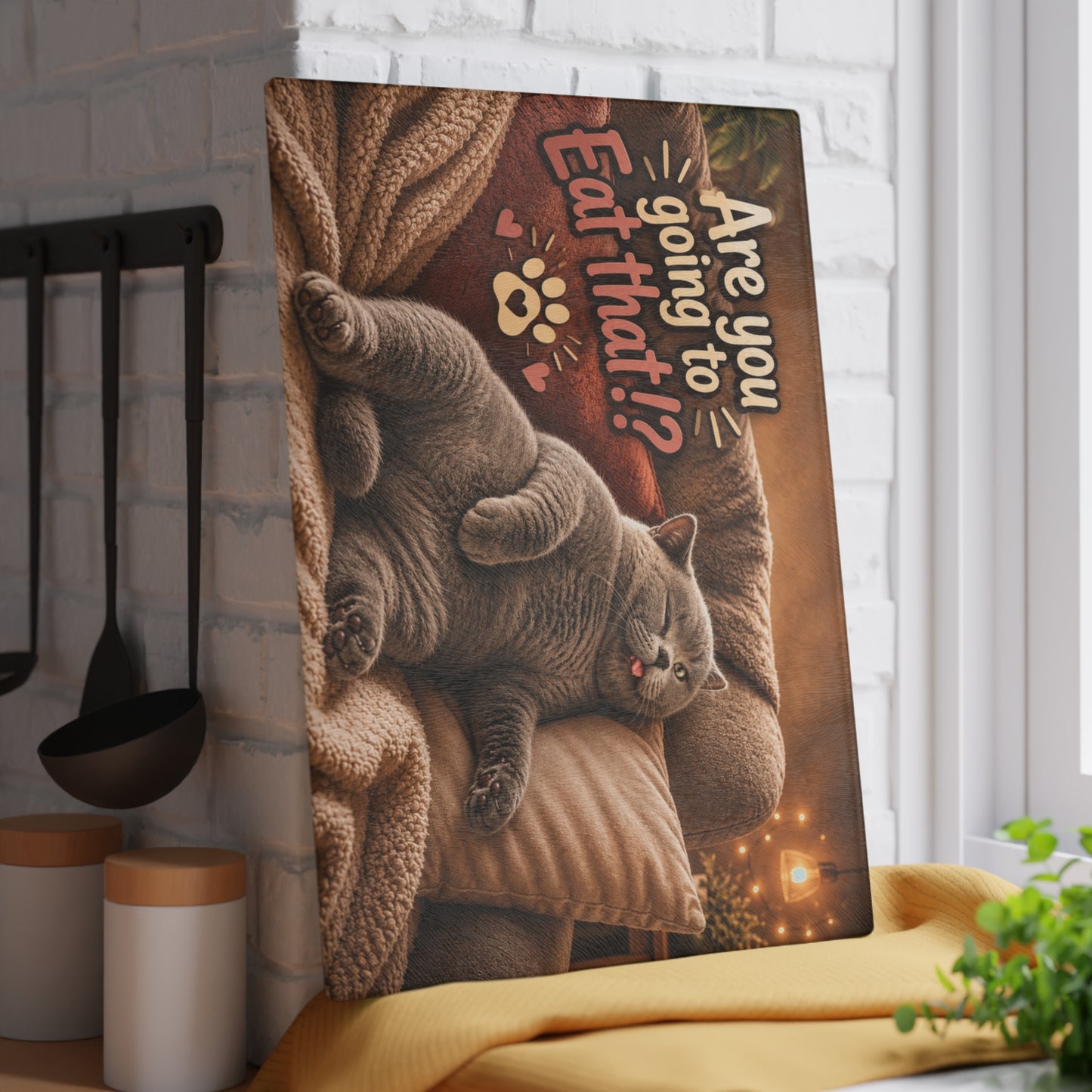 Are You Going to Eat That!? Funny Cat Glass Cutting Board – Cozy Lazy Cat Kitchen Decor