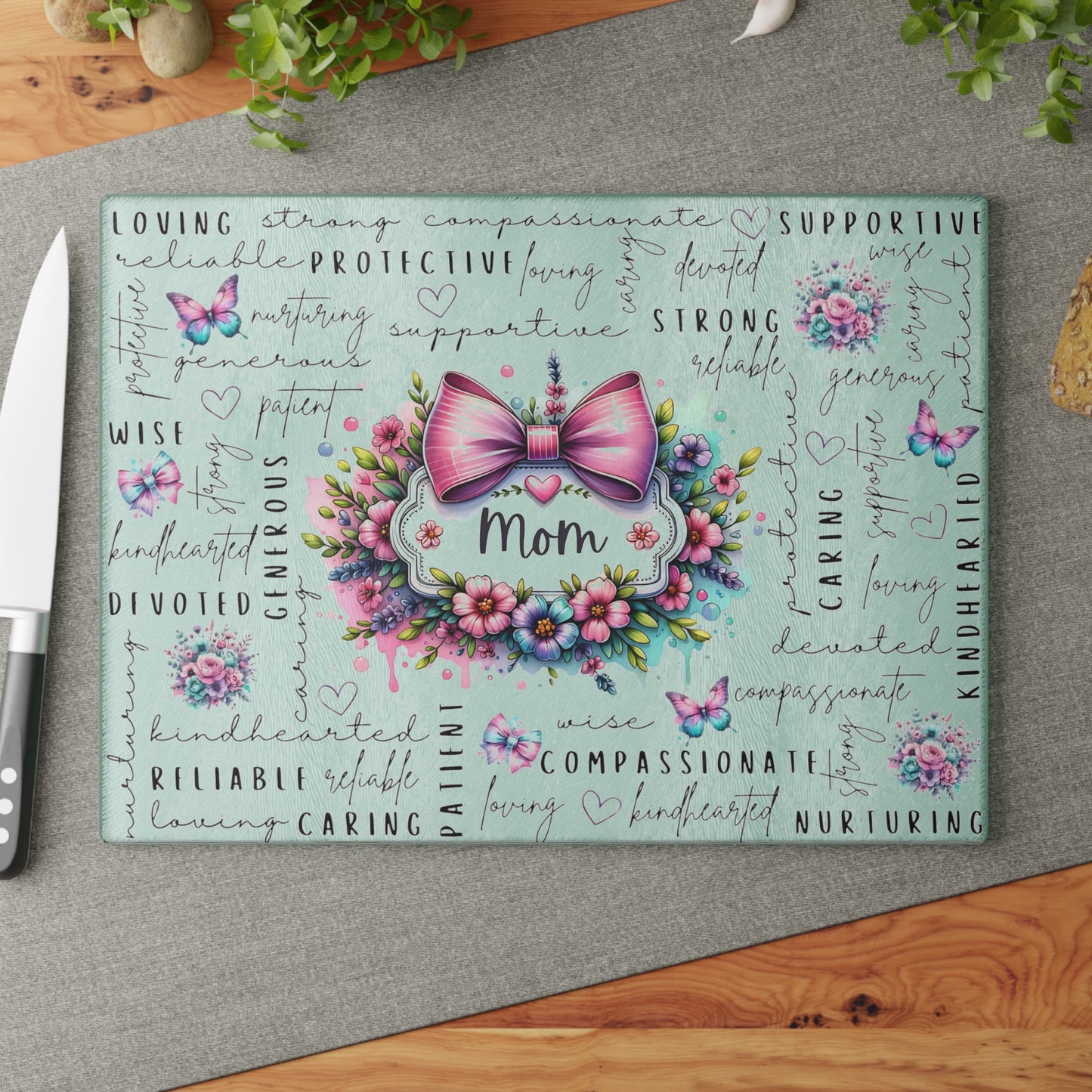 🐾🌸 Mom Pink Bow Floral Cutting Board – Elegant Gift of Love for the Heart of the Home 💕🌼