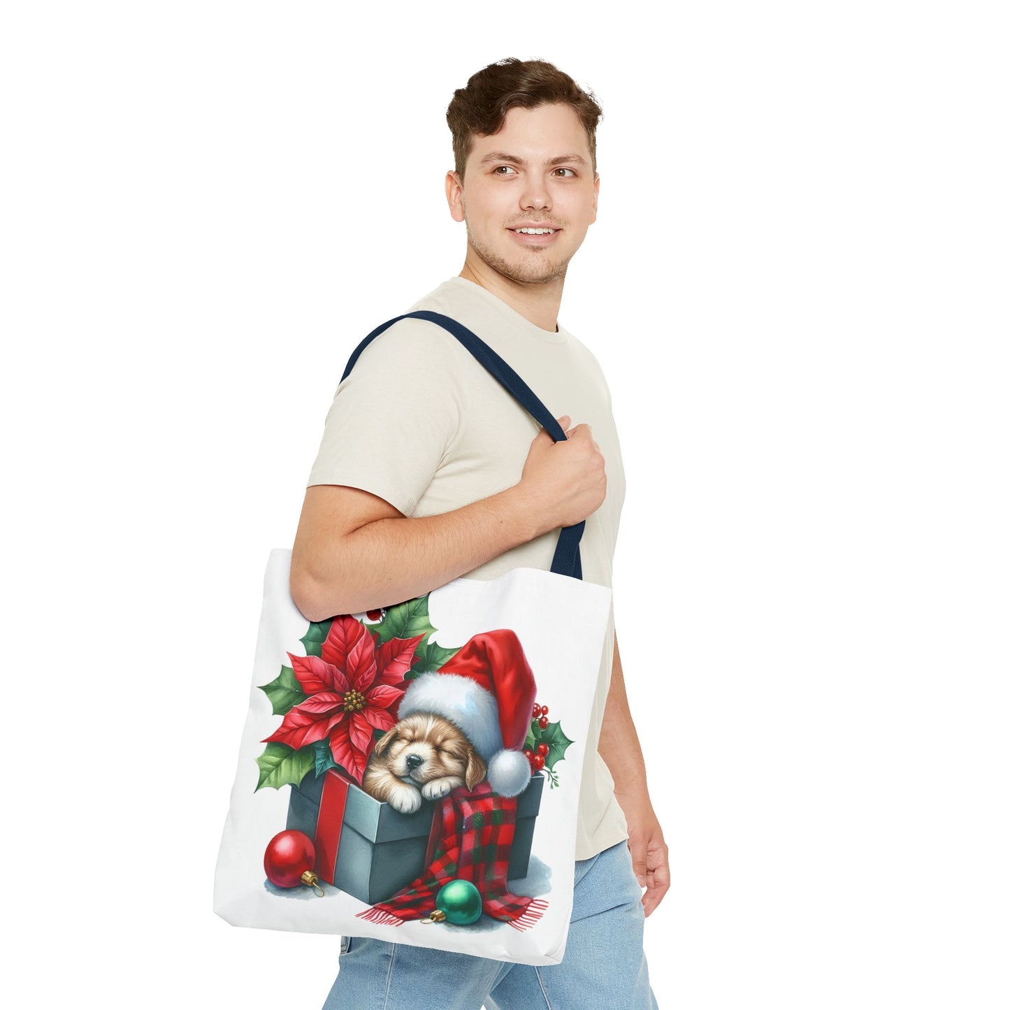 🎁 Sleeping Puppy in Gift Box Christmas Tote – Cozy Holiday Charm for Dog Lovers 🐾