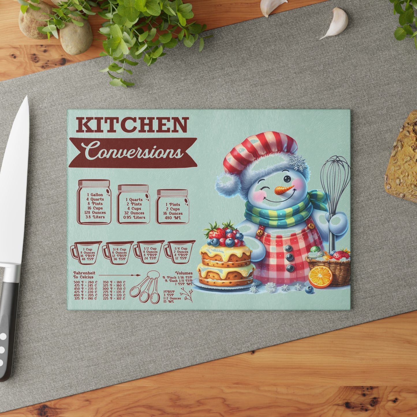 โ๐ Snowman Kitchen Conversions Cutting Board โ Frosty Festive Charm for Holiday Bakers