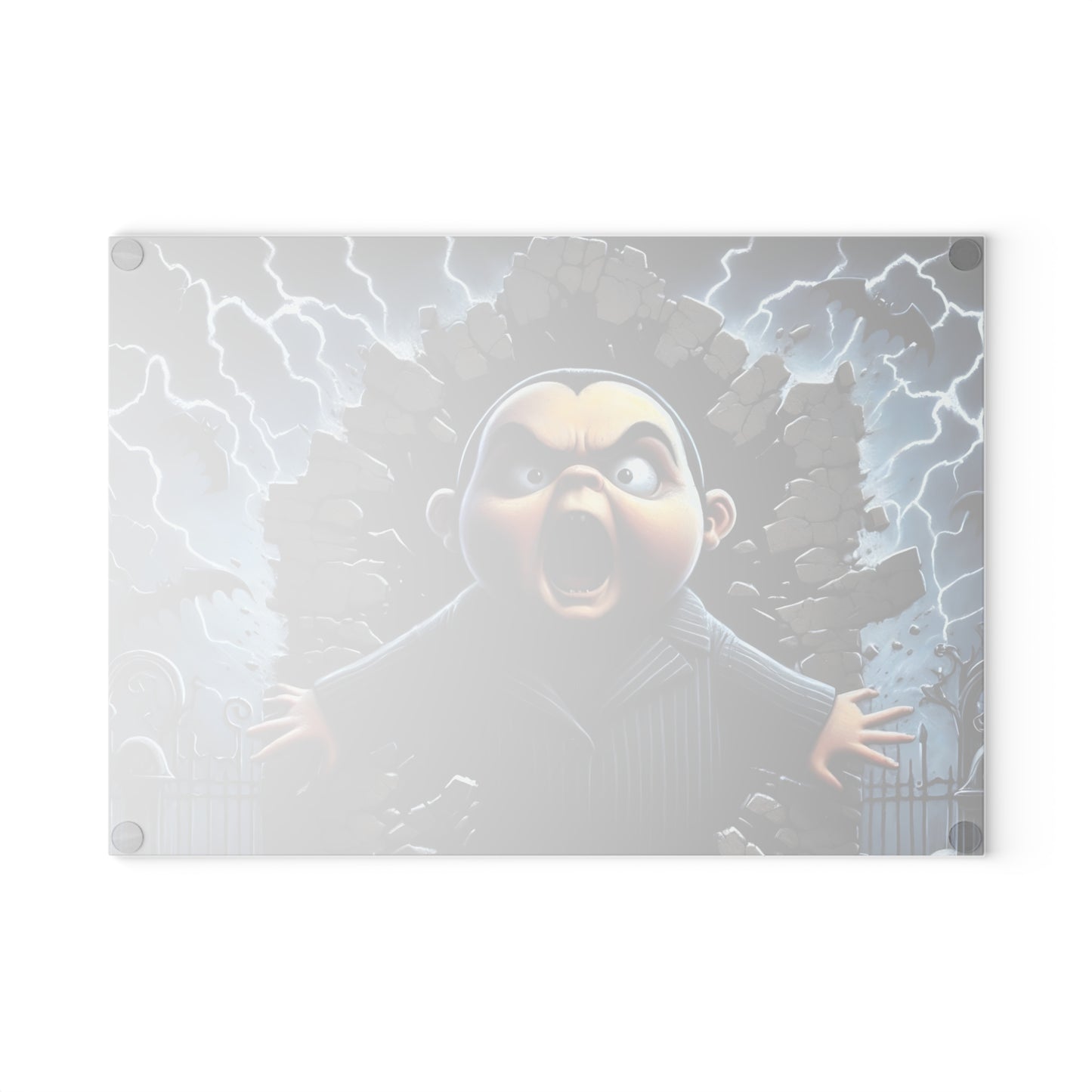 🦇 Screaming Darkling Cutting Board – Gothic Cartoon Chaos with Bats, Lightning & Broken Walls ⚡🍽️