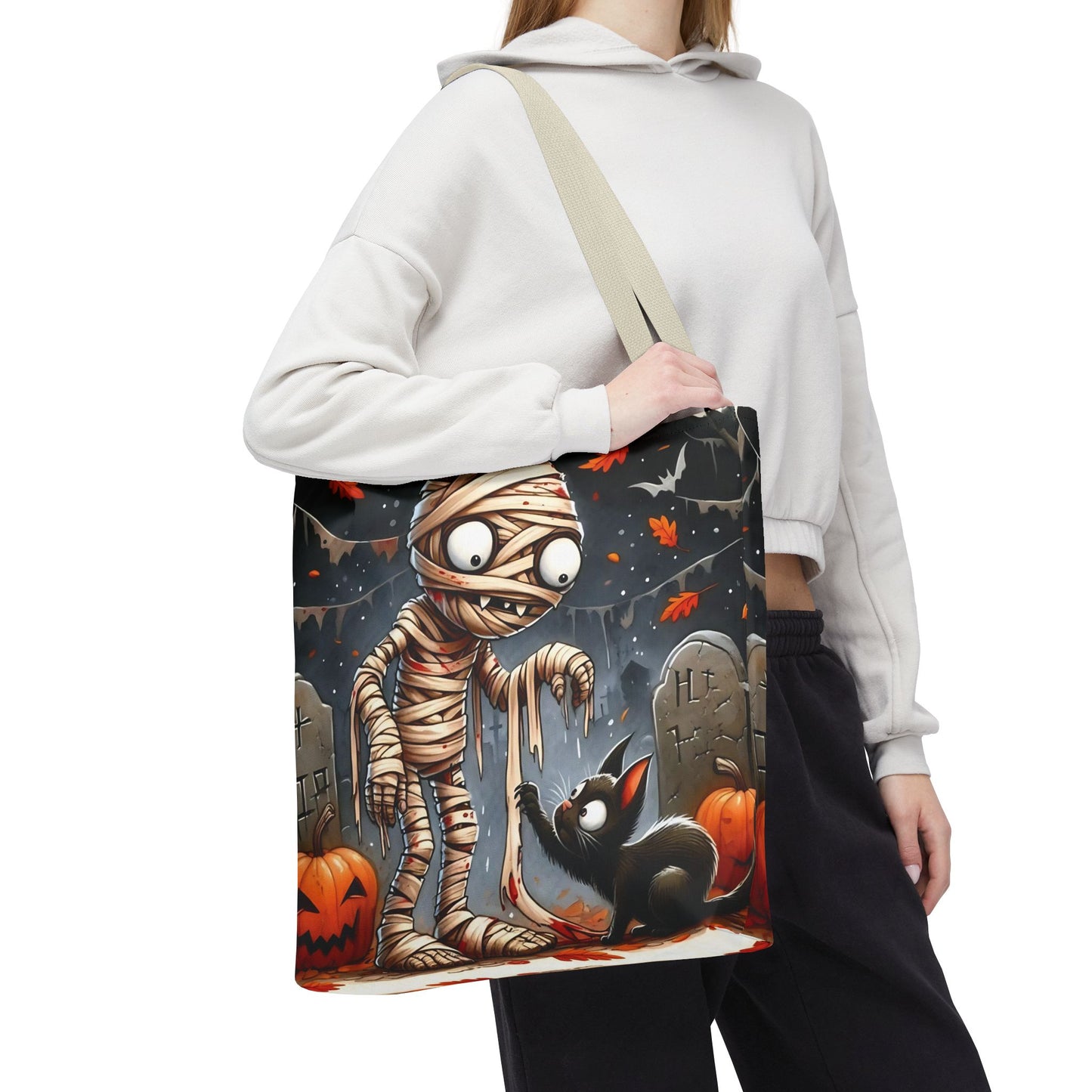 🎃 Mummy & Black Cat Halloween Tote Bag – Spooky Cute & Perfect for Trick-or-Treating 🖤🛍️