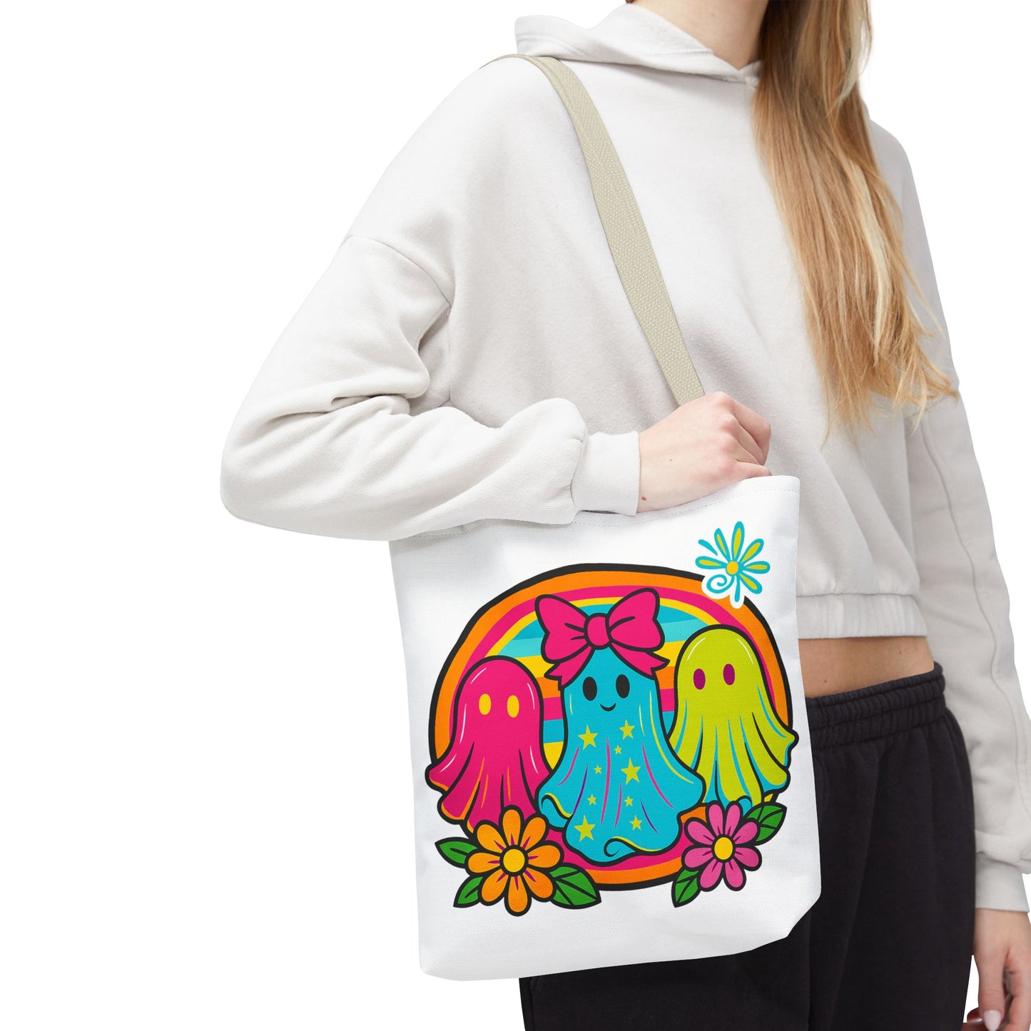 ๐ Retro Rainbow Ghosts Tote Bag โ Groovy Spooky Fun ๐ป๐