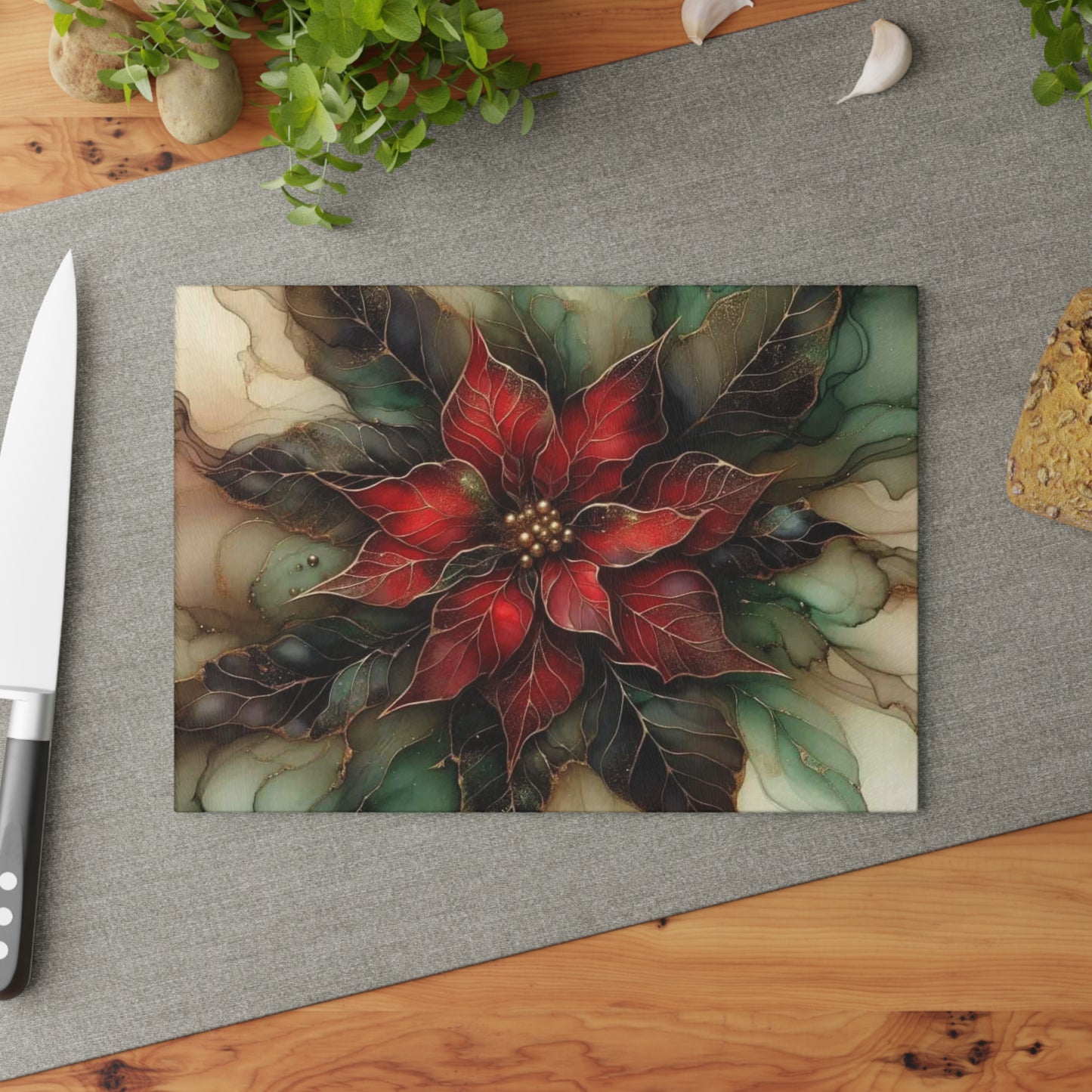 🎄 Elegant Poinsettia Bloom – Holiday Art Tempered Glass Cutting Board