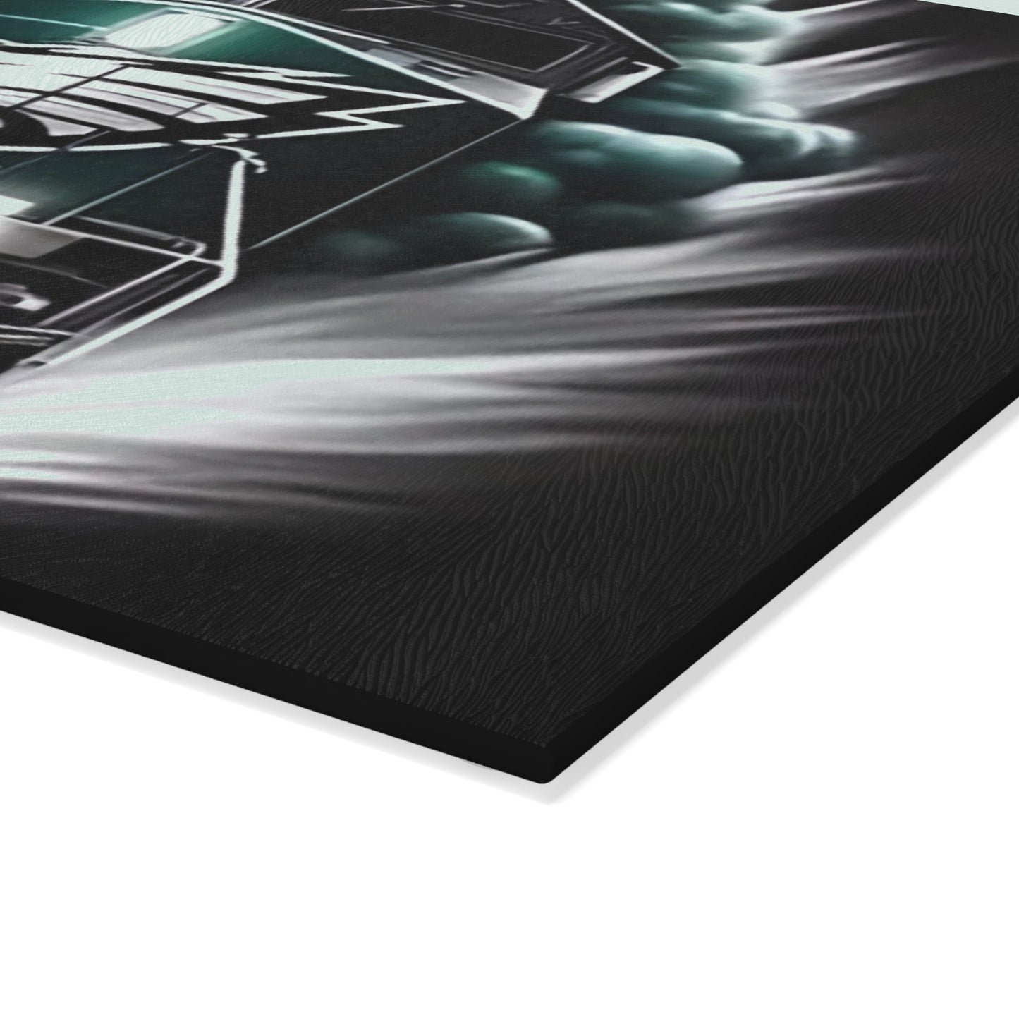 Tabla de cortar de vidrio Express verde oscuro y plateado: arte de tren con un toque atrevido para cocinas atemporales y audaces