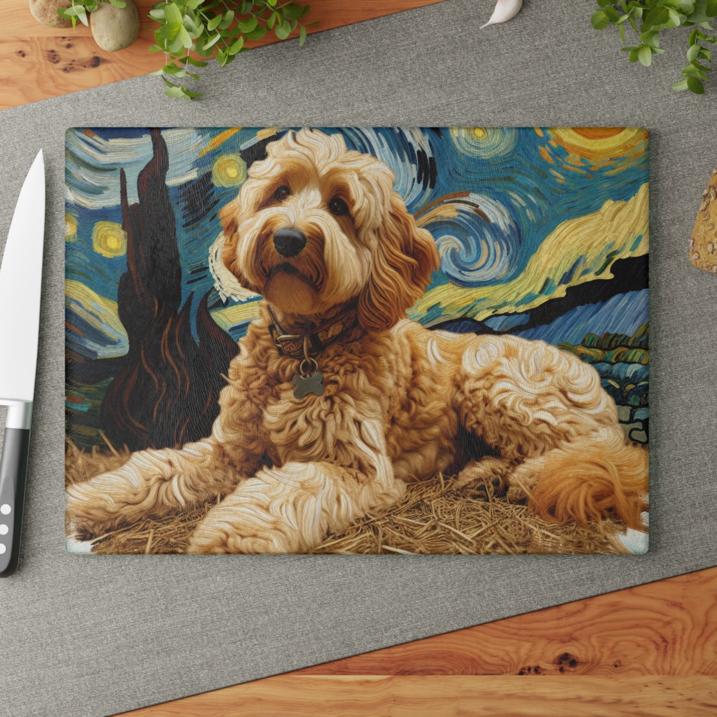 🌙 Golden Doodle Starry Night Cutting Board – Swirls of Charm & Canine Cuteness 🐾