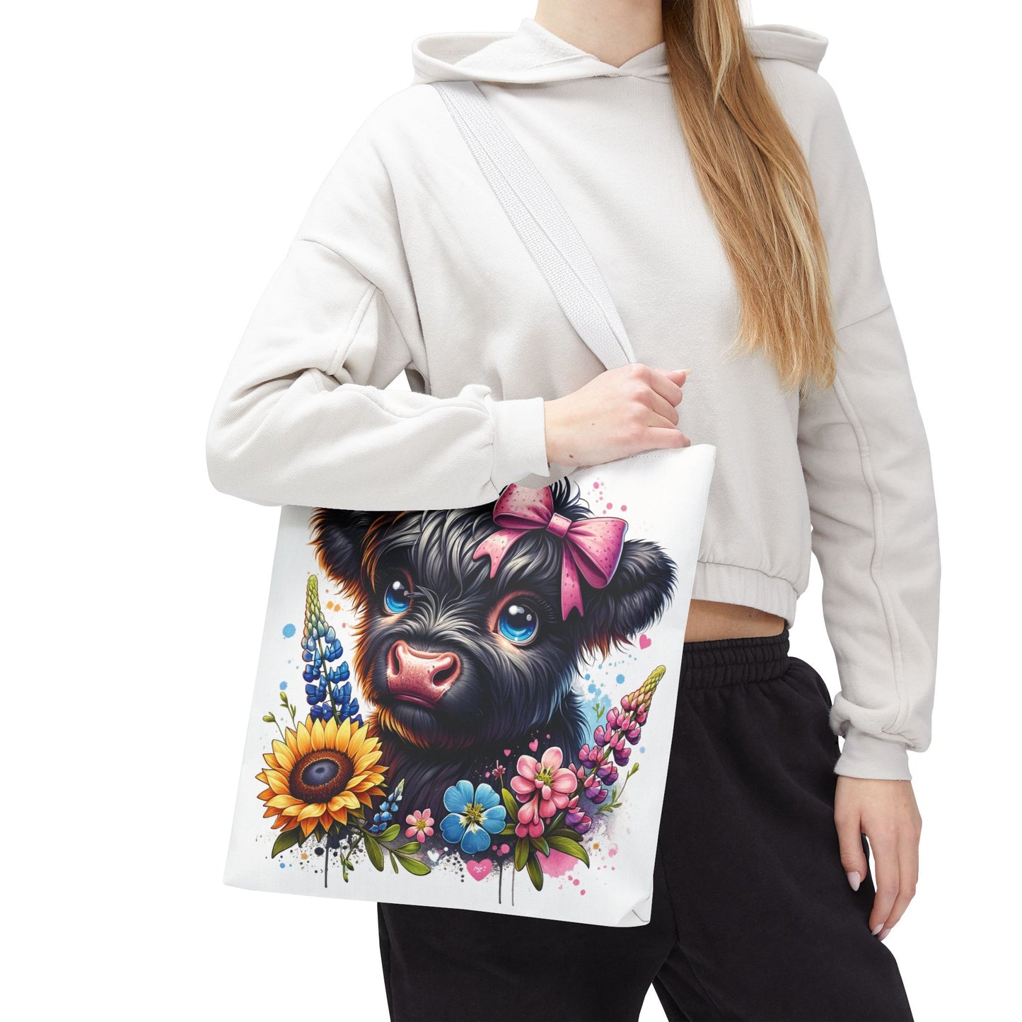 🌸 Black Highland Calf Floral Tote Bag – Sweet Style for Every Age 🐮👜