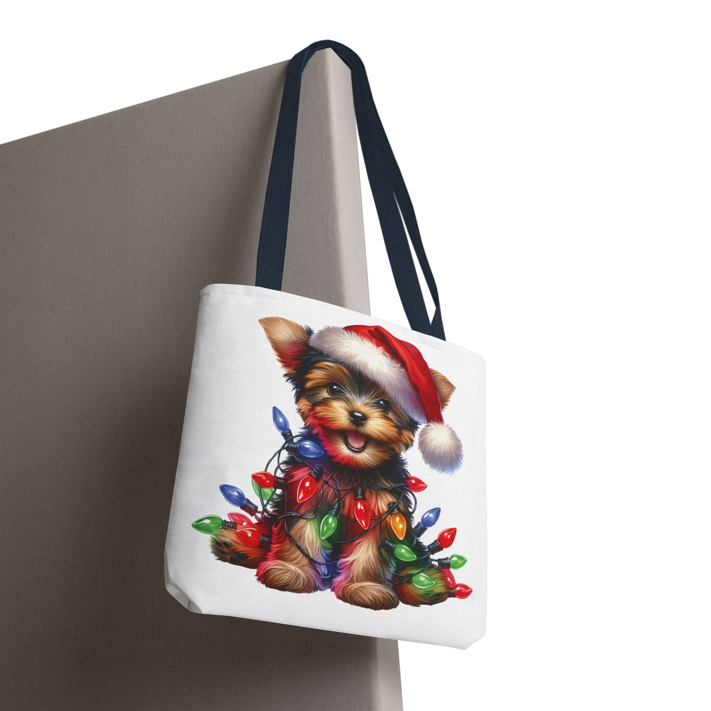 ๐ Yorkie Christmas Lights Tote Bag โ Holiday Cheer in Every Carry ๐