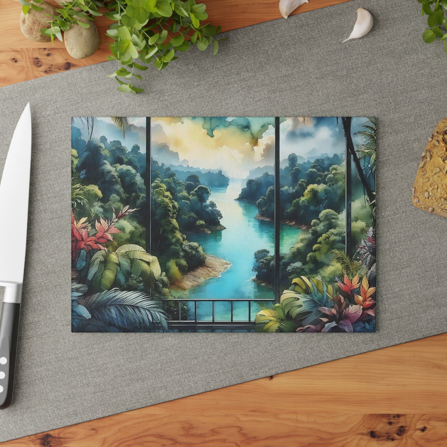 Tabla de cortar de vidrio templado con vista tropical: Escápate al paraíso