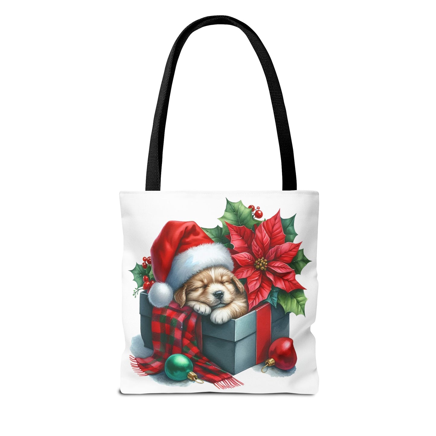 🎁 Sleeping Puppy in Gift Box Christmas Tote – Cozy Holiday Charm for Dog Lovers 🐾