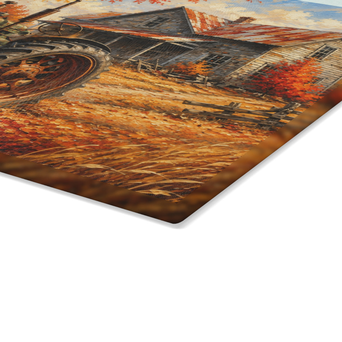Vintage Tractor Autumn Glass Cutting Board – Rustic Farmhouse Fall Landscape with Old Country Farmhouse