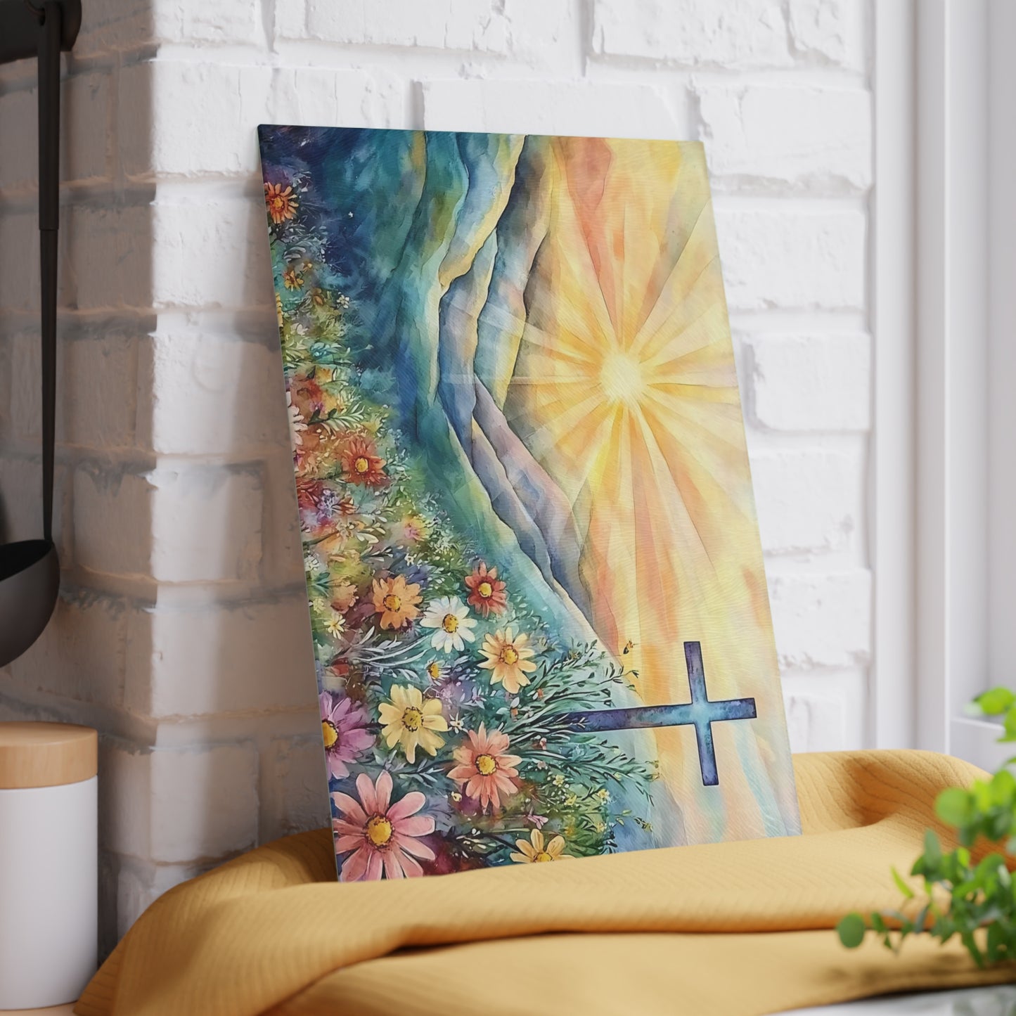 🌄🌸 Sunrise Mountain Cross Cutting Board – Peaceful Faith Kitchen Décor with Florals & Radiant Light ✝️✨
