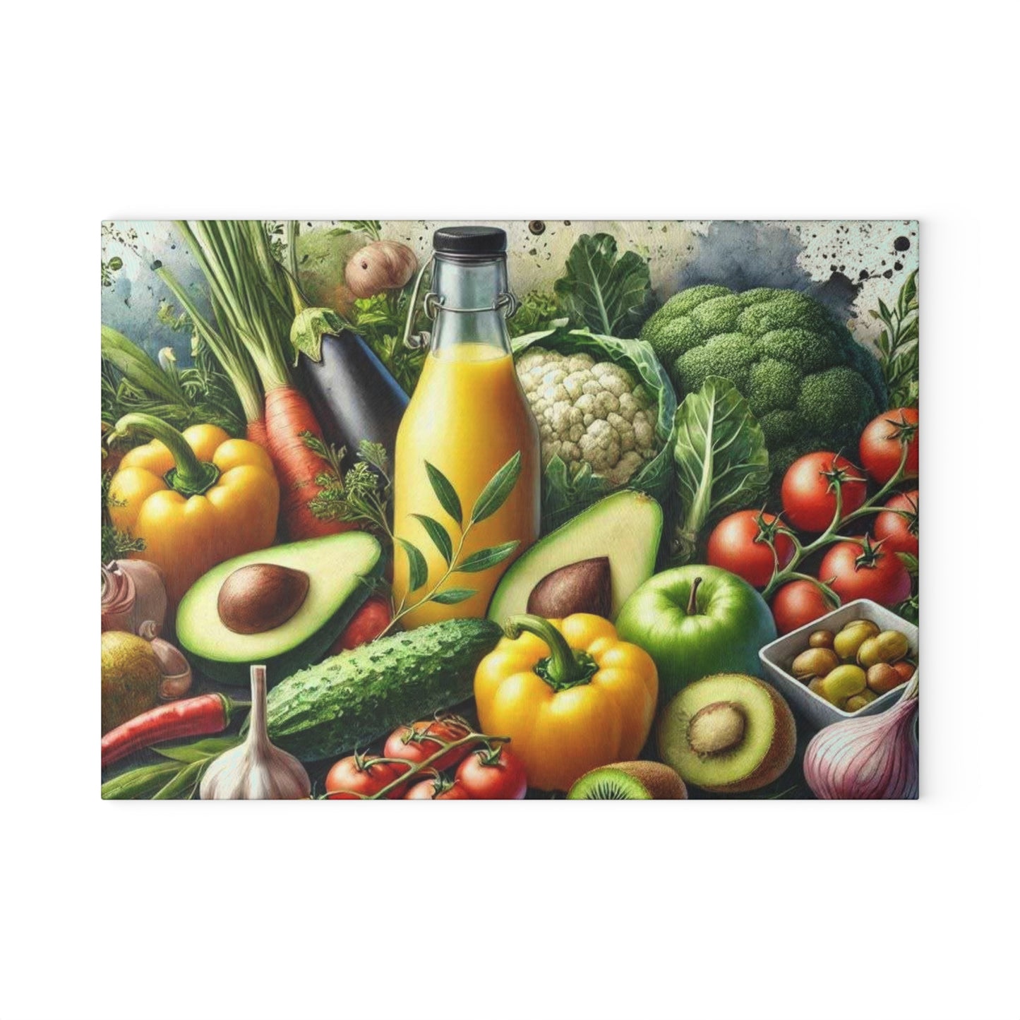Tabla de cortar de vidrio templado para verduras con una vibrante variedad de verduras frescas