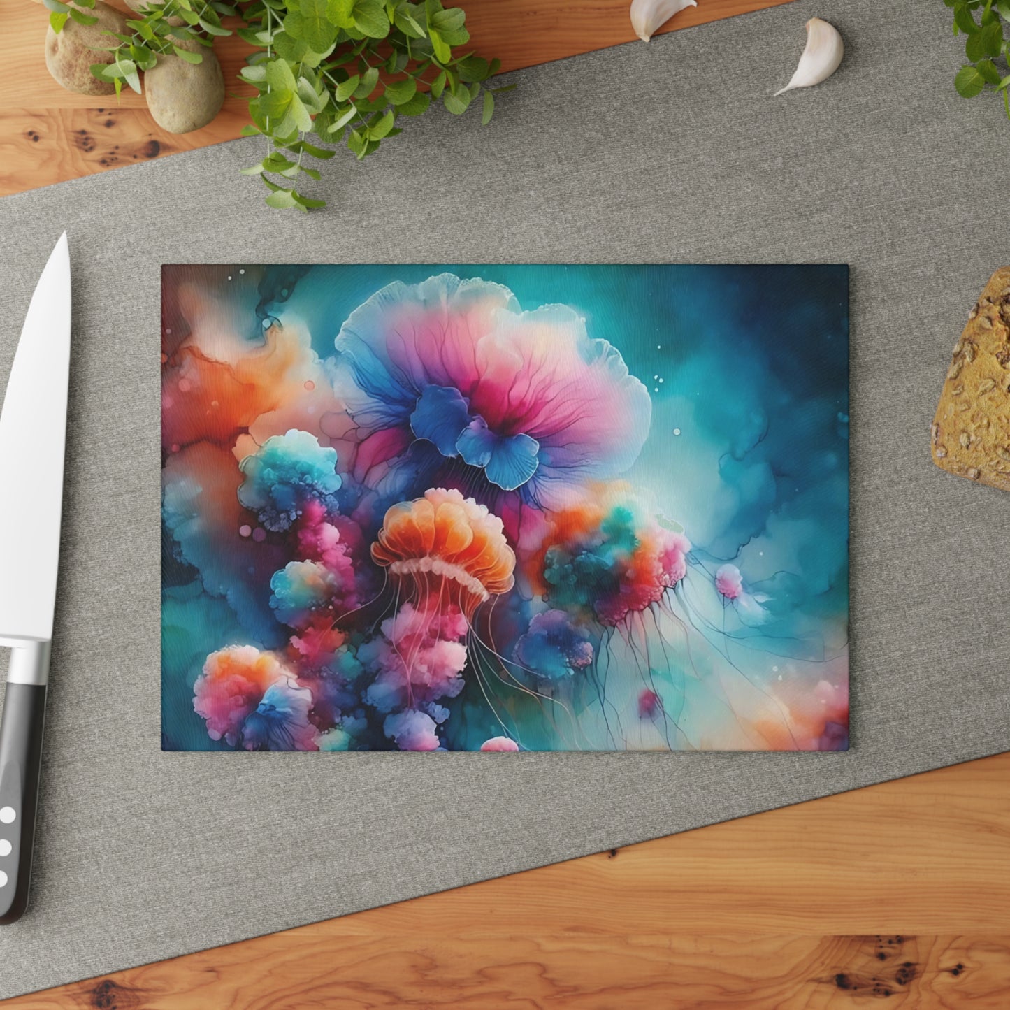 Tabla de cortar de vidrio con medusas de acuarela: fantasía oceánica vibrante para cocinas costeras