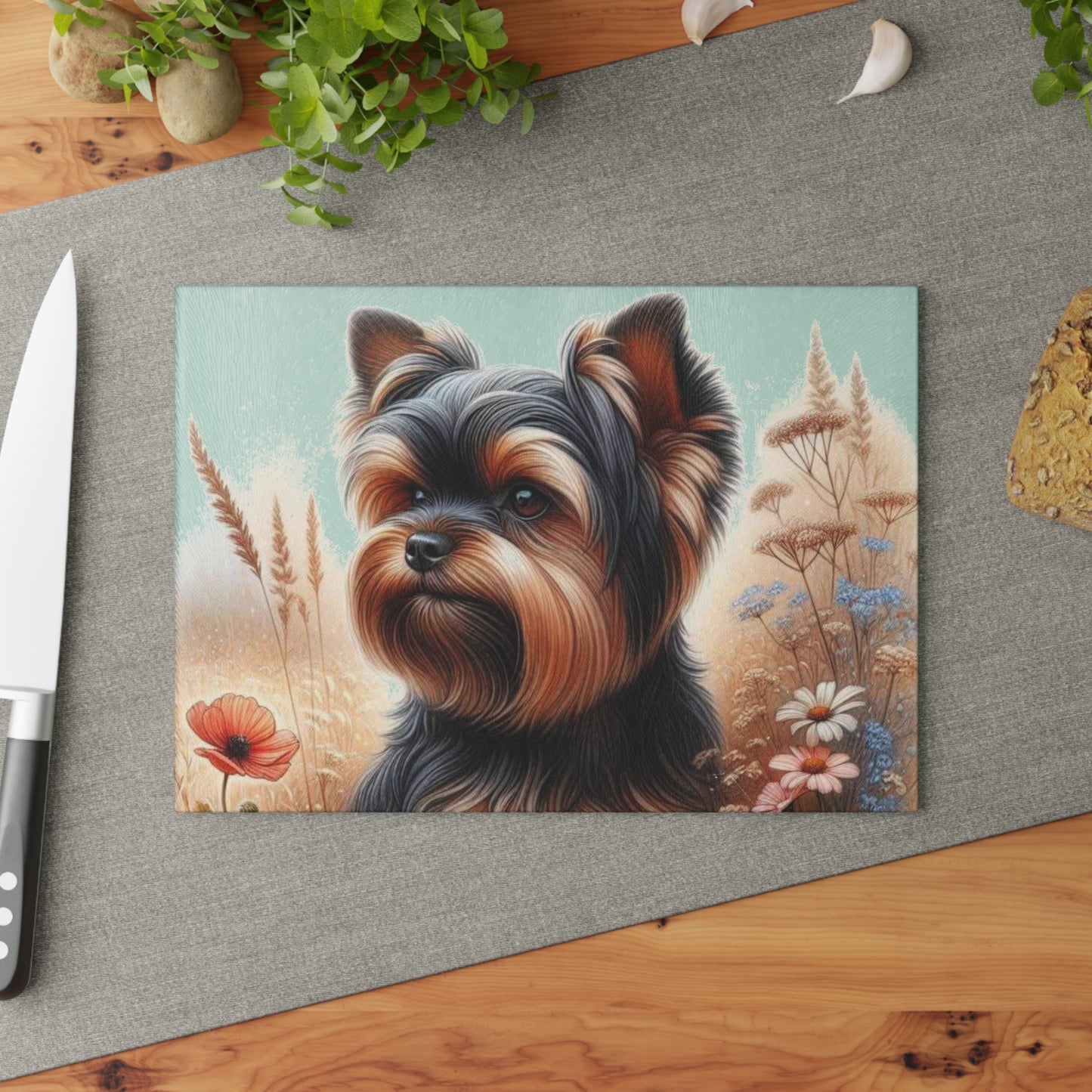 Yorkshire Terrier, tabla de cortar, regalo para amantes de los perros, vidrio templado, regalo de inauguración de la casa, tabla de charcutería, regalo único, regalo de chef