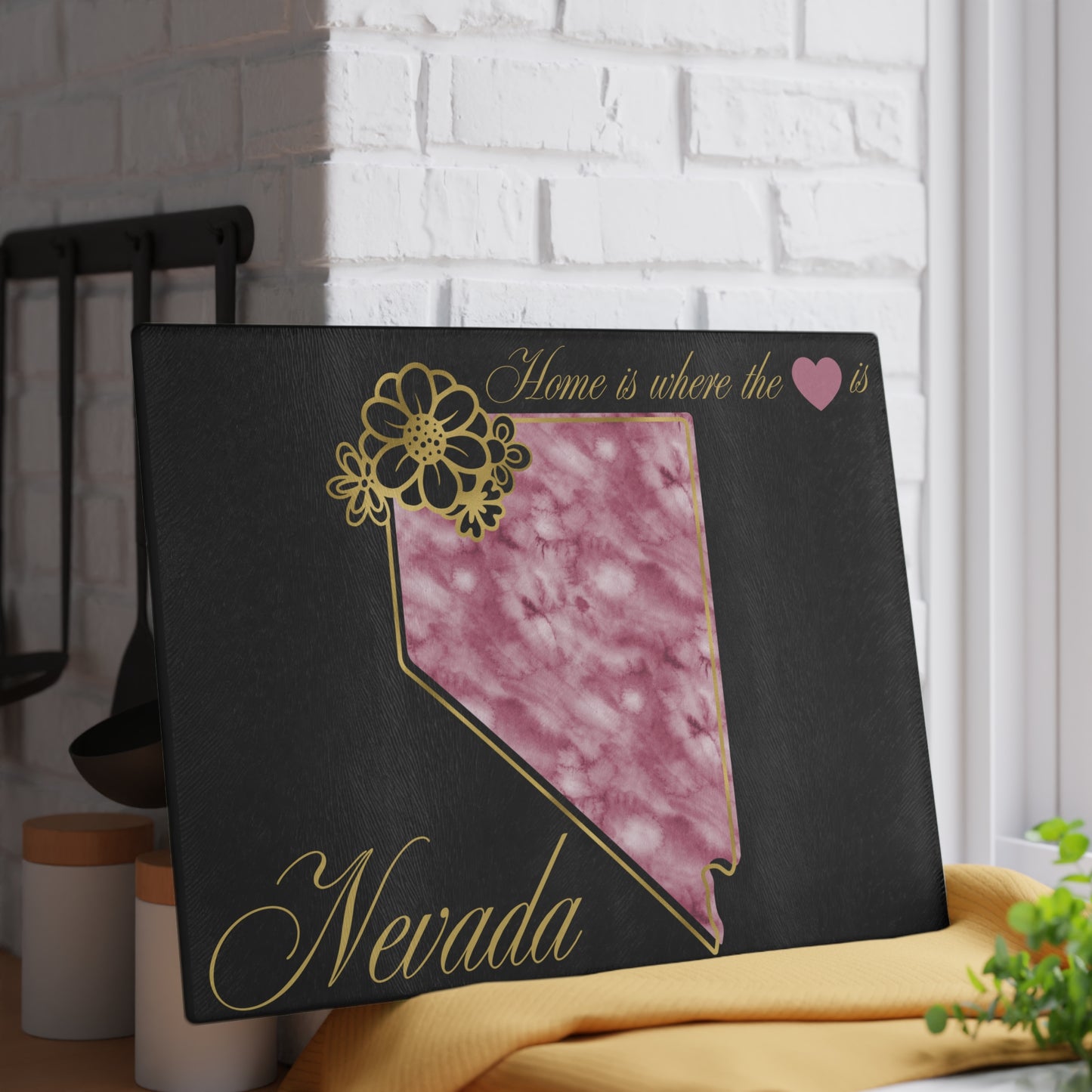 🩷 Nevada State Floral Cutting Board – Watercolor Rose Marble with Golden Script Elegance