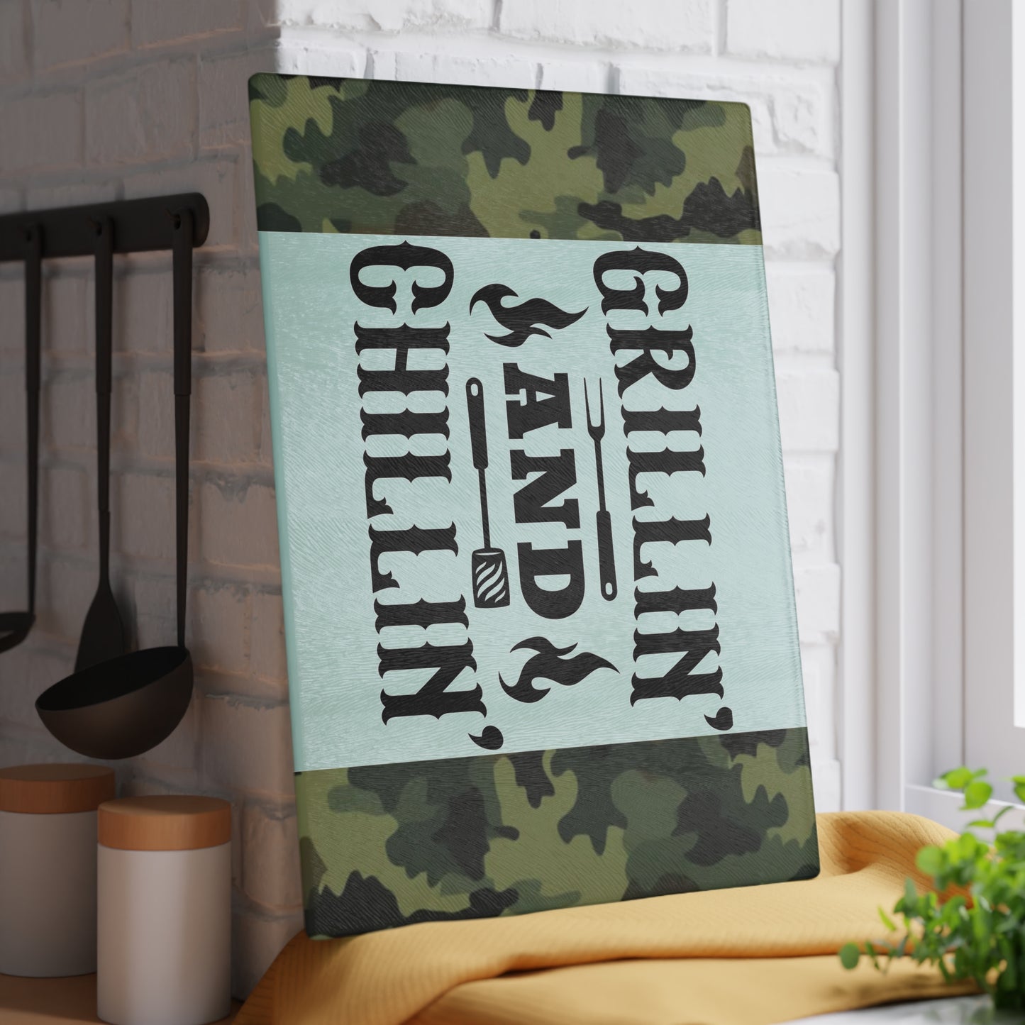 🔥 GRILLIN AND CHILLIN Glass Cutting Board – Camouflage BBQ Prep Style 🍔