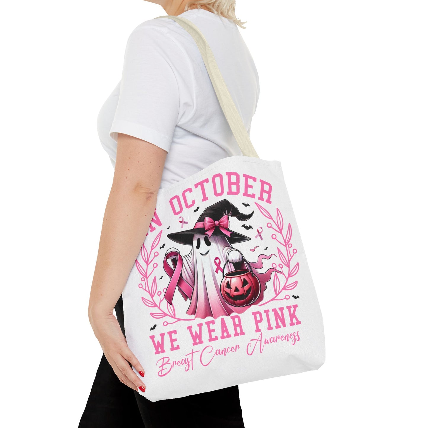 🎀 In October We Wear Pink Tote Bag – Breast Cancer Awareness with Spooky Charm 🎃
