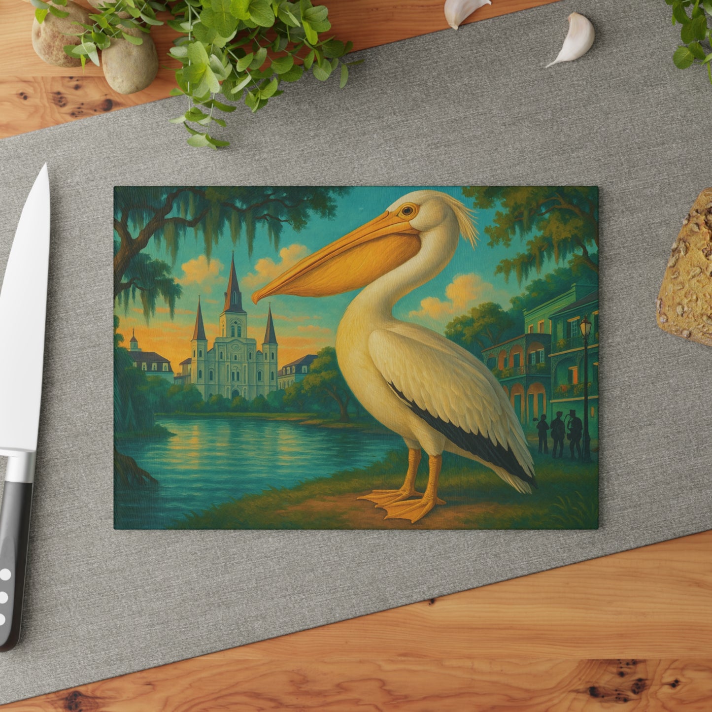 🪶 Pelican at the River – New Orleans Skyline Tempered Glass Cutting Board