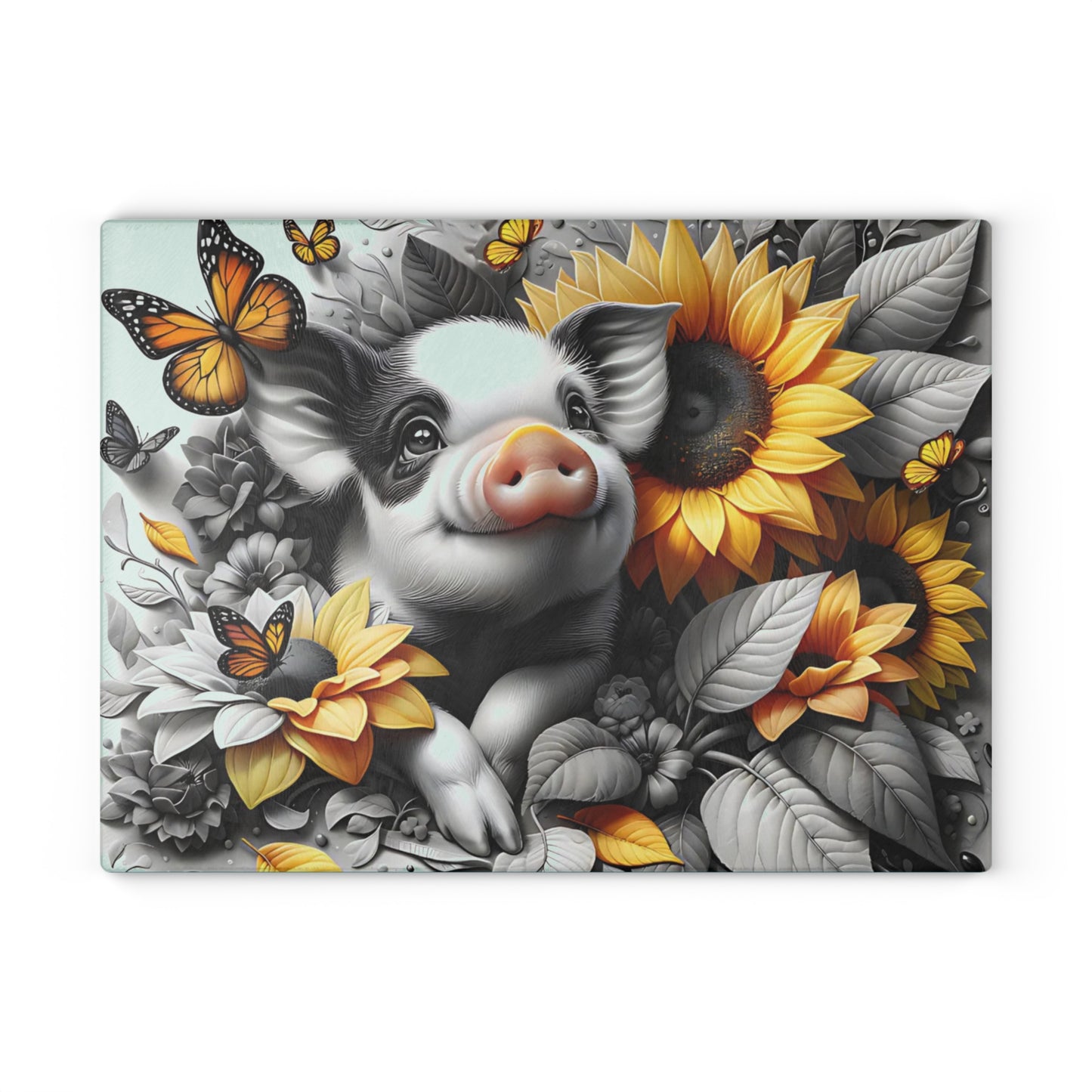 🐷 Sunflower Piglet with Butterflies Cutting Board – Farmhouse Kitchen Décor
