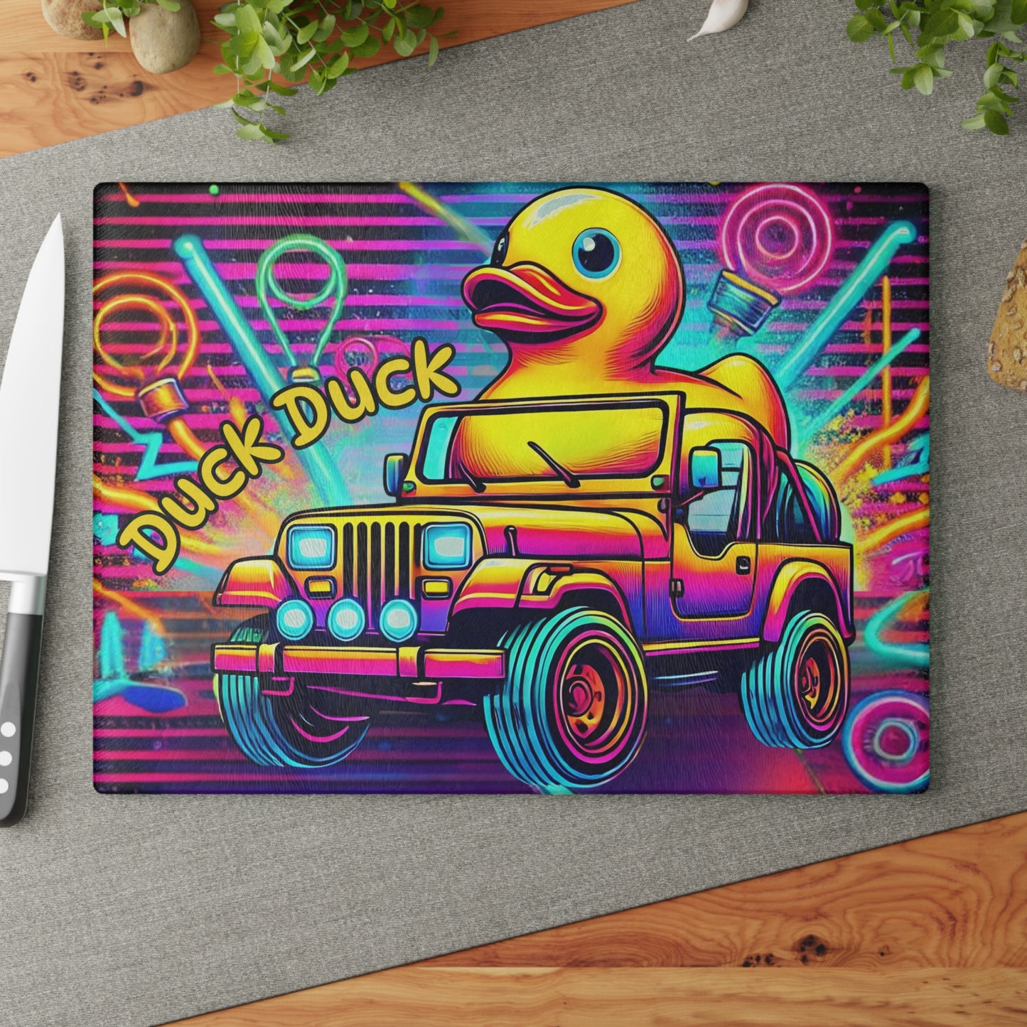 Tabla de cortar de vidrio con diseño de jeep neón y patito de goma: decoración todoterreno vibrante para la cocina, tabla de cortar para jeep, jeep neón, jeep con patito de goma