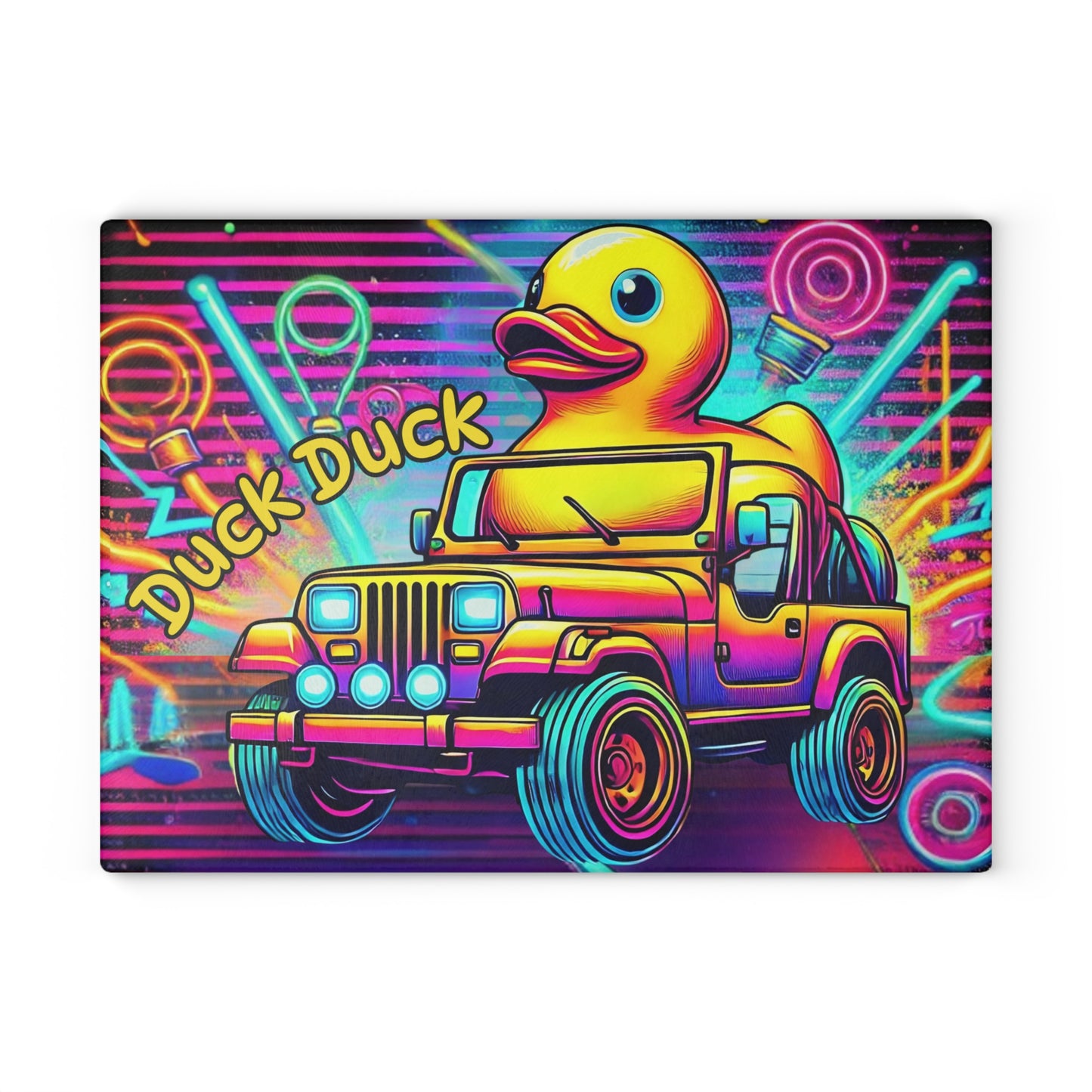 Tabla de cortar de vidrio con diseño de jeep neón y patito de goma: decoración todoterreno vibrante para la cocina, tabla de cortar para jeep, jeep neón, jeep con patito de goma