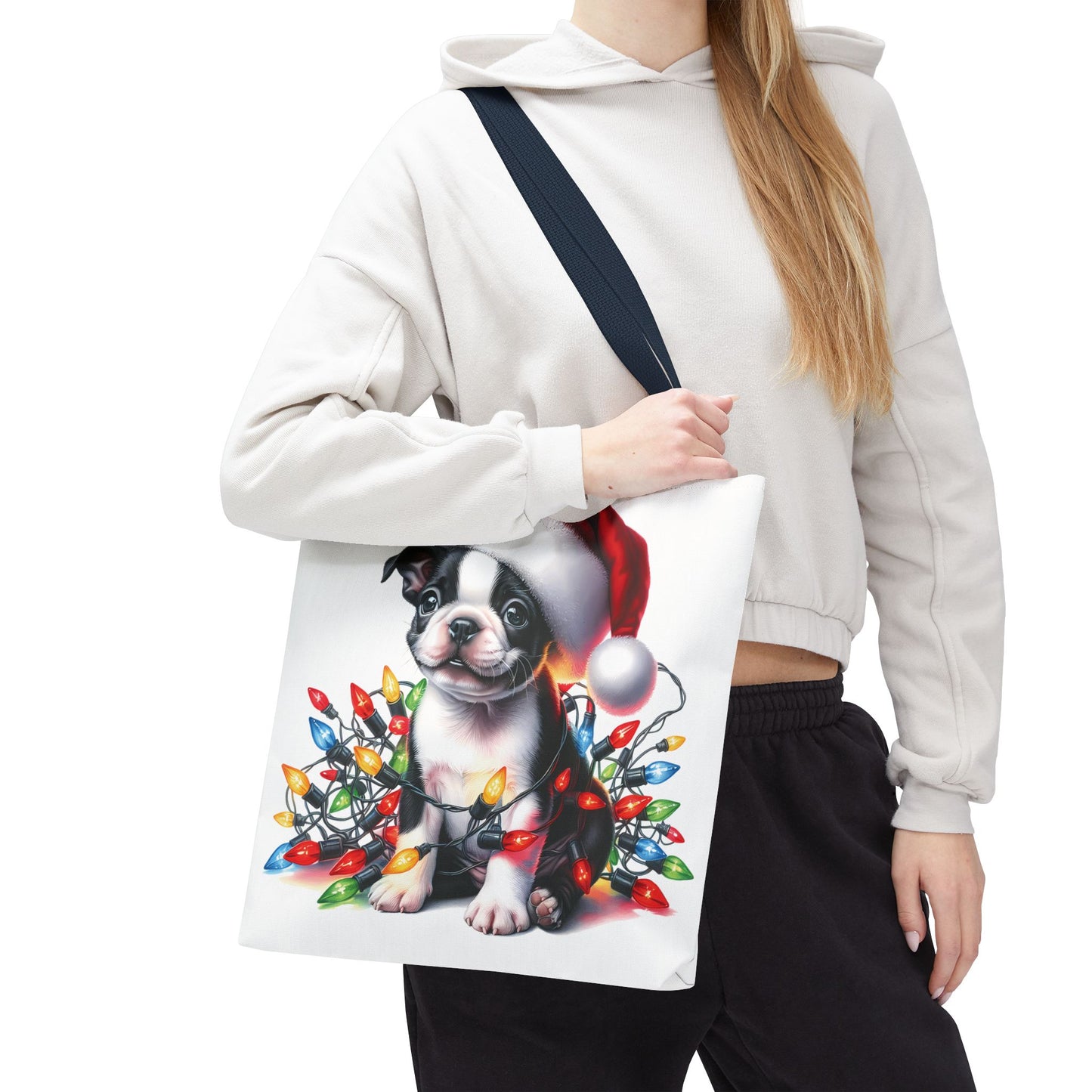 👜 Boston Terrier Christmas Lights Tote Bag – Holiday Sparkle Meets Puppy Love 🎄