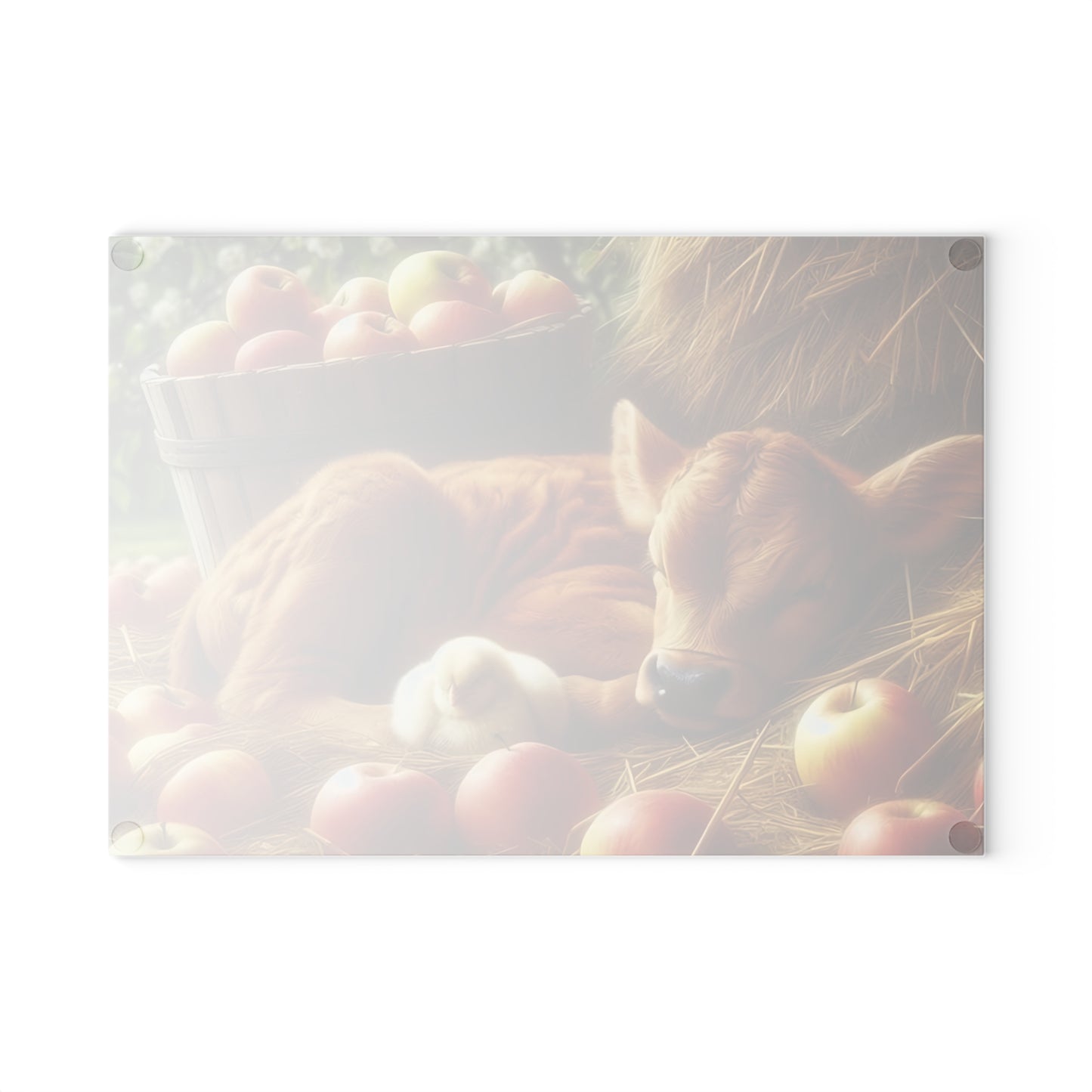 Tabla de cortar con diseño de vaca y pollito en heno con manzanas, regalo único, tabla de cortar de vidrio, tabla de charcutería, tabla de cortar personalizada