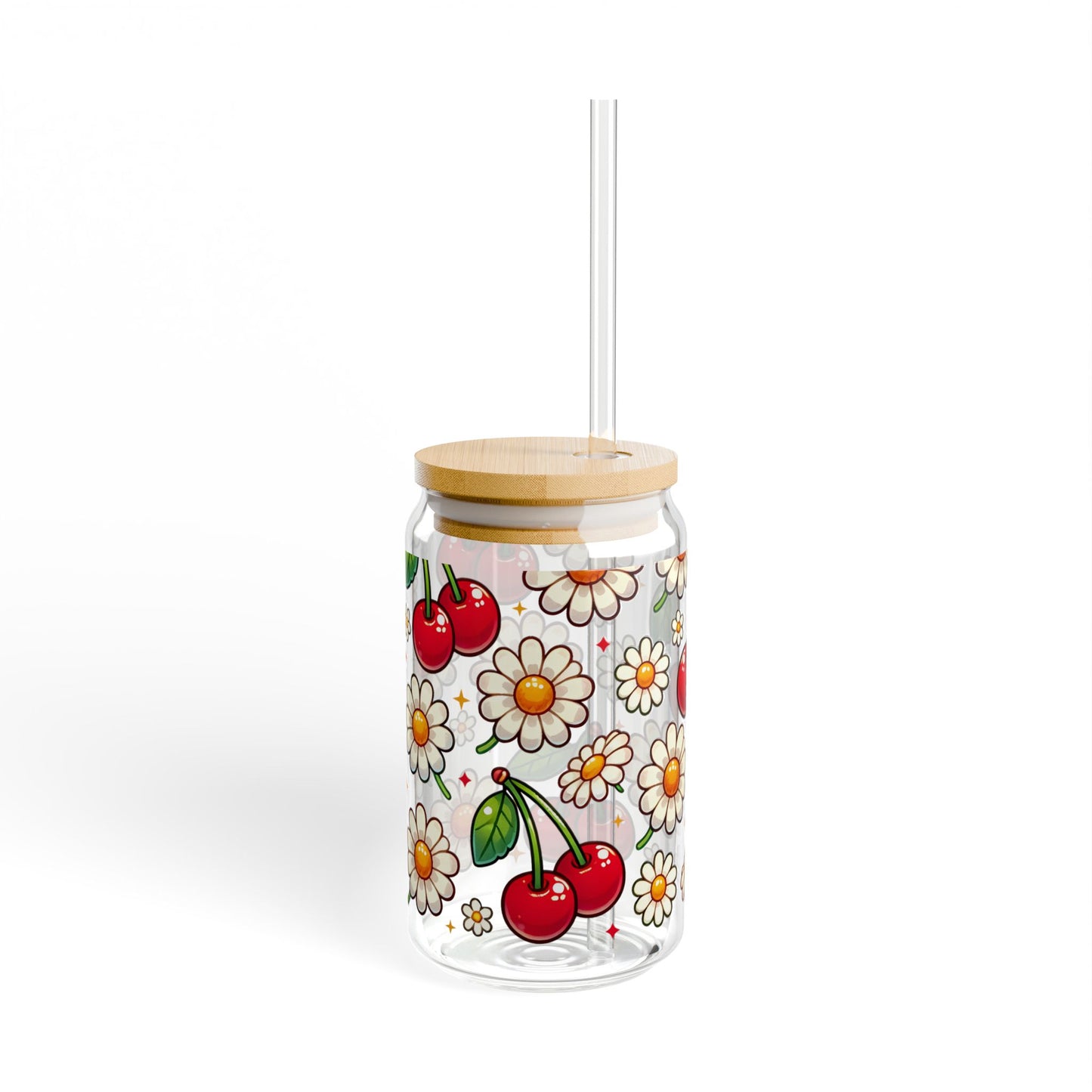🍒🌼 Cherry & Daisy Delight Sipper Glass – Sweet Retro Fun for Every Sip 💫