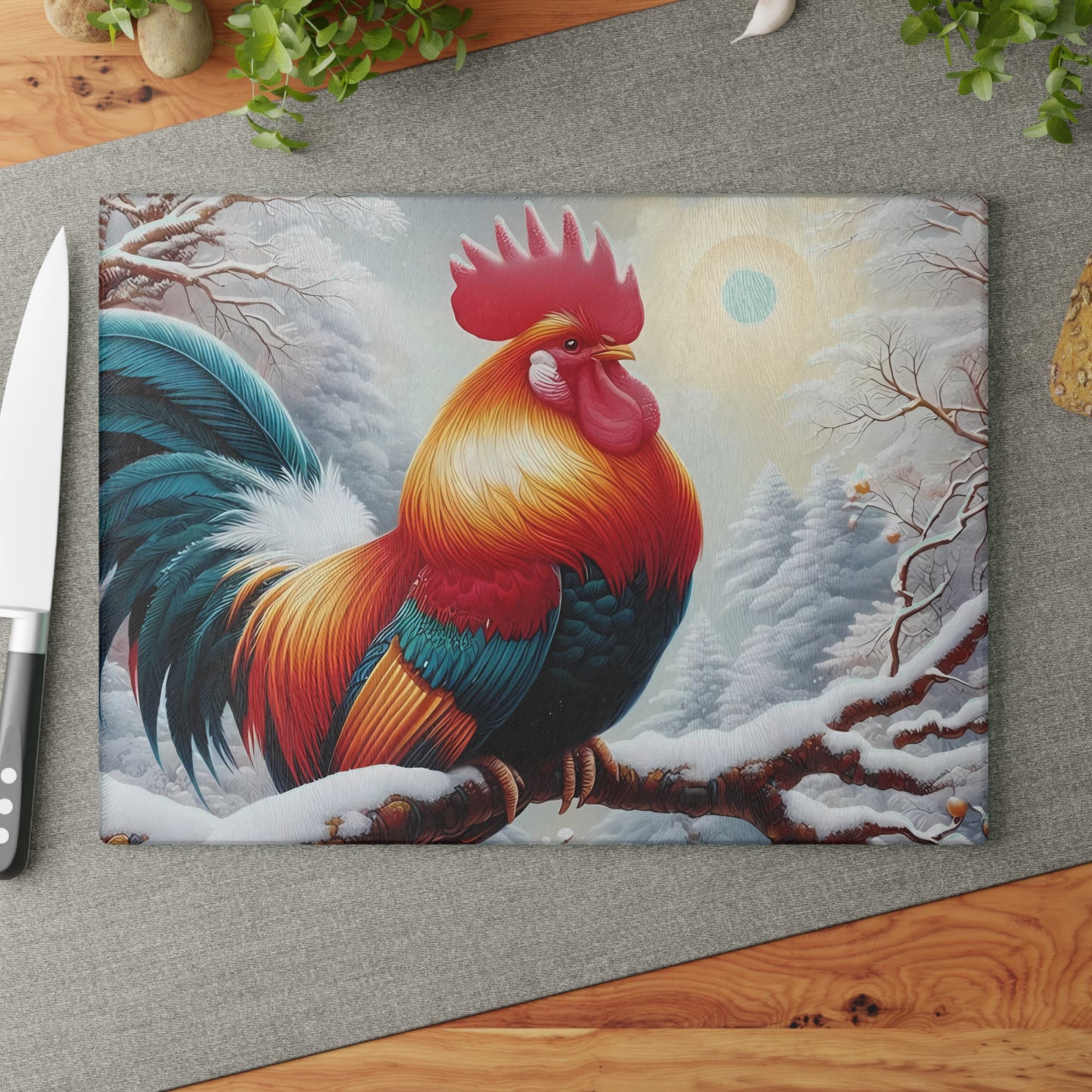 🐓❄️ Winter Rooster Cutting Board – Snowy Elegance for Your Kitchen ❄️🐓