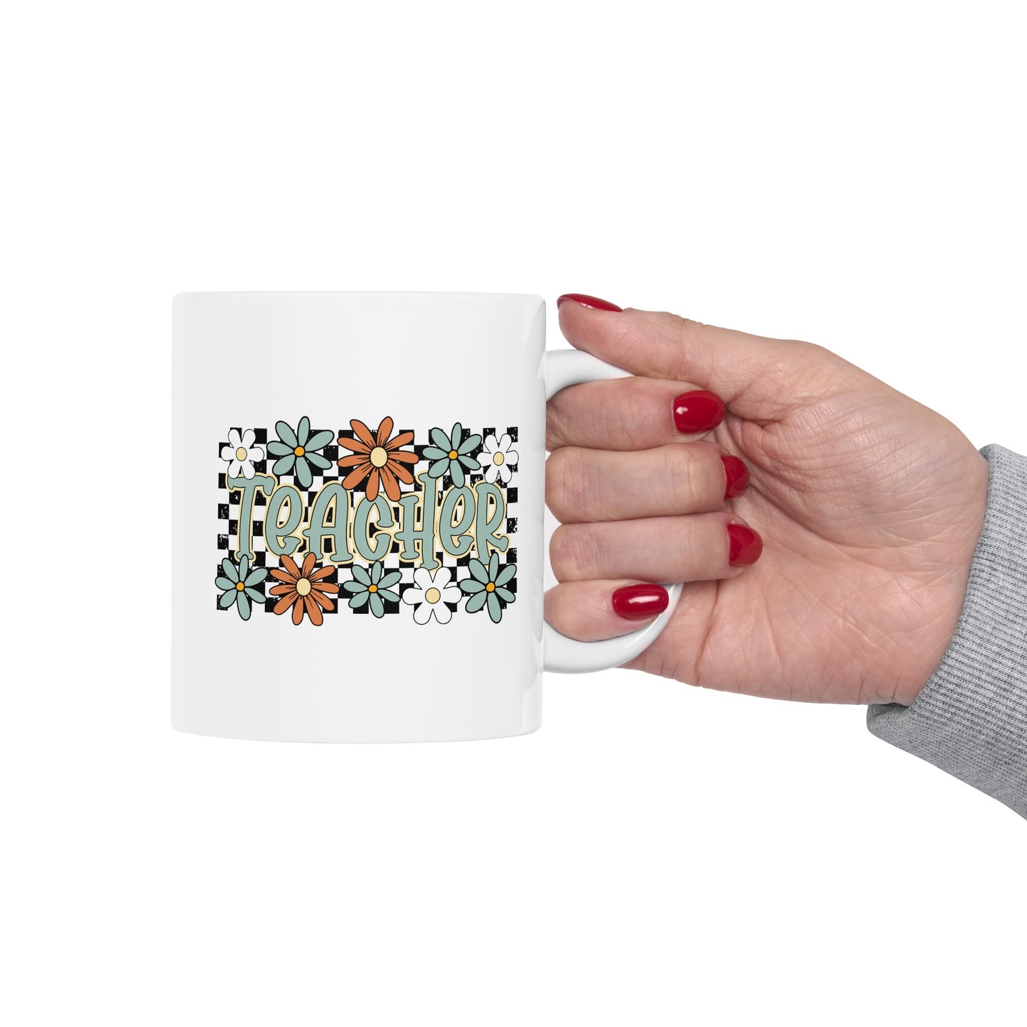 🍎🌼 Retro Teacher Floral Mug – A Groovy Sip for Everyday Educators 🌼🍎