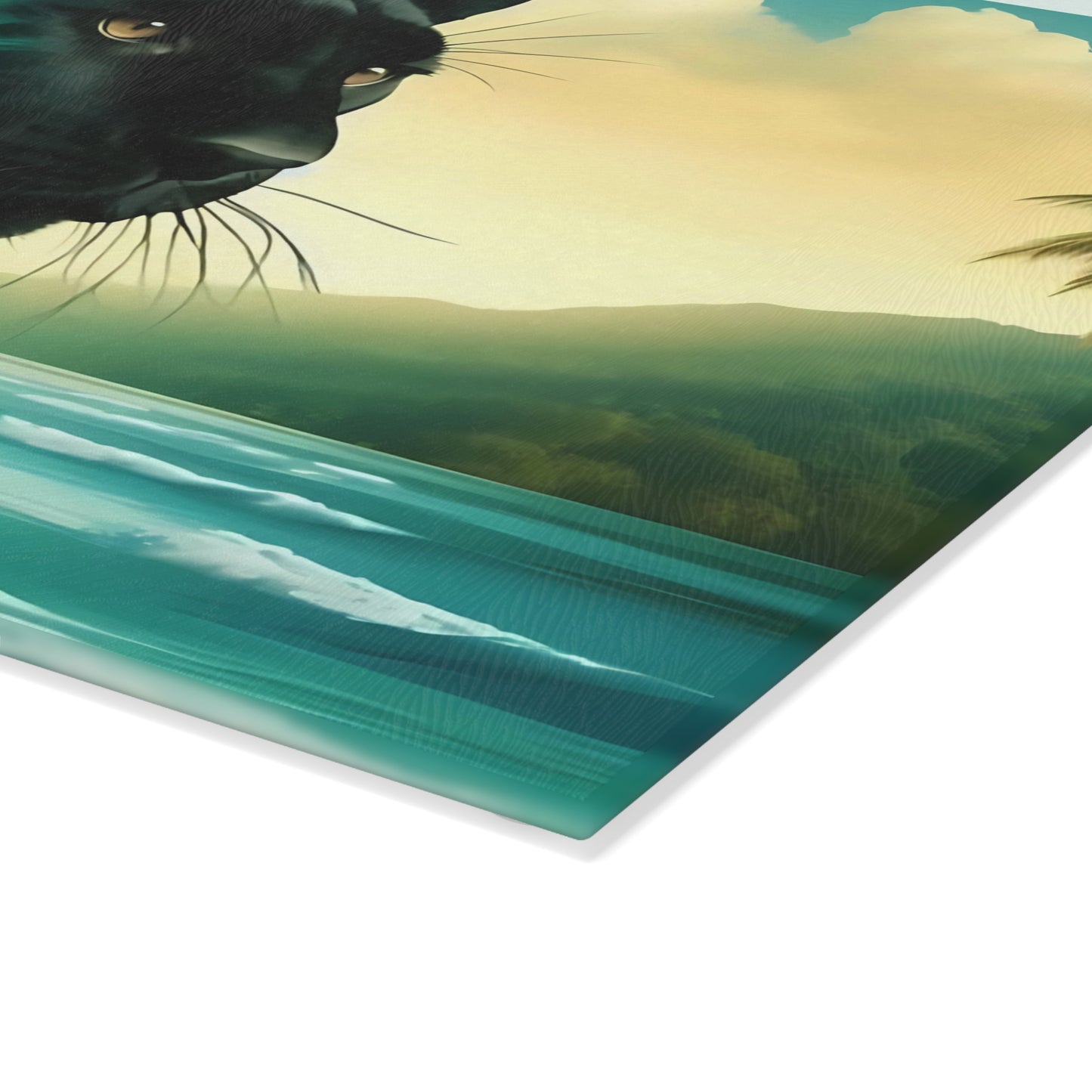 Tabla de cortar de vidrio con diseño de Pantera Negra y puesta de sol en la playa: decoración de cocina con un gato de la jungla místico