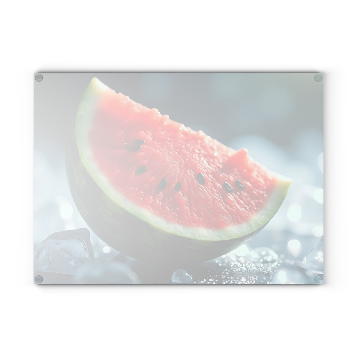 Tabla de cortar de vidrio con rodajas de sandía sobre hielo: una refrescante decoración de cocina de verano, un vibrante regalo con temática frutal.