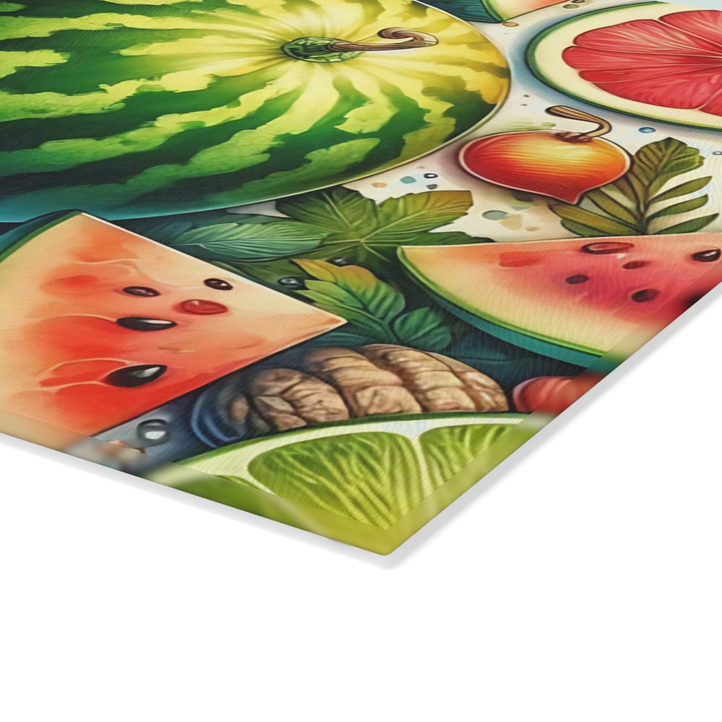 Tabla de cortar de vidrio con sandía jugosa: un dulce ambiente de cocina de verano