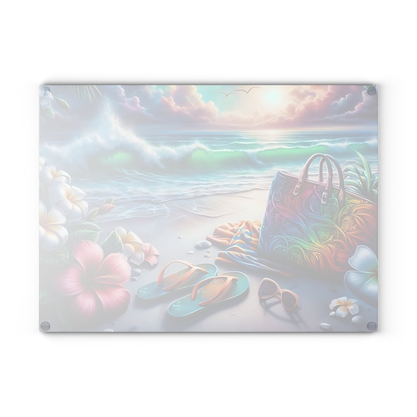 Tabla de cortar de vidrio "Día de Playa Tropical" - Decoración de cocina con ambiente veraniego, decoración costera, arte oceánico, regalo playero, tabla de cortar de vidrio, decoración de cocina tropical, aspecto pintado a mano, escena playera