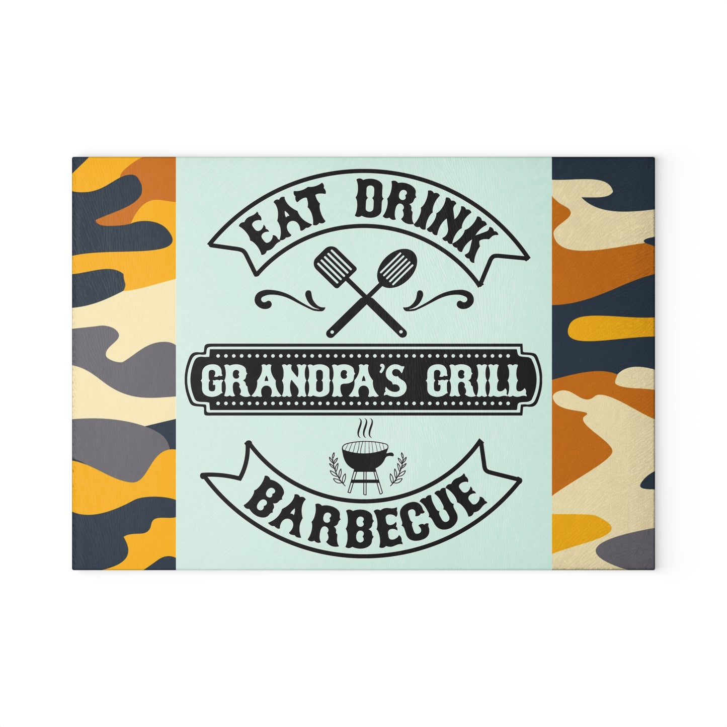 🔥 COMER BEBER BARBACOA A LA PARRILLA DEL ABUELO – Tabla de cortar de vidrio con diseño de camuflaje para los reyes del patio trasero 🧢🍔
