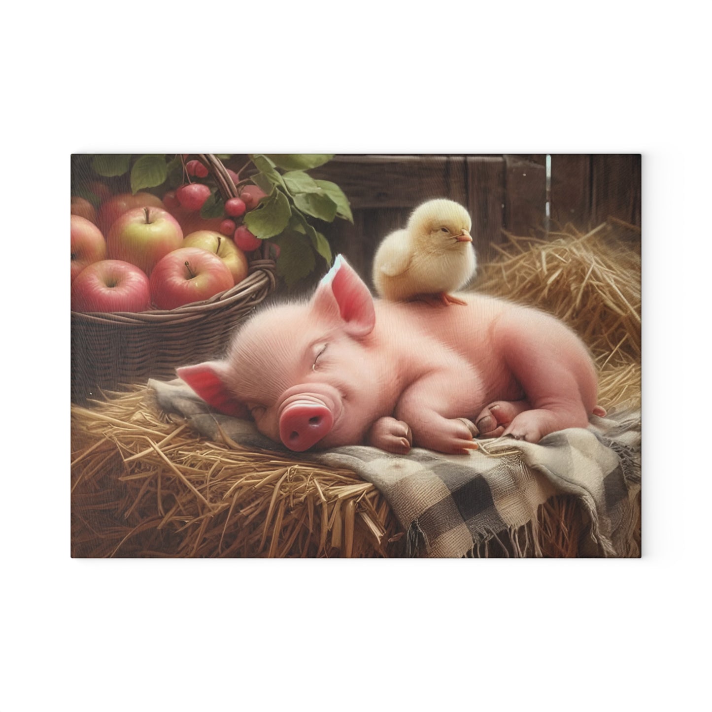 Tabla de cortar con diseño de cerdito y pollito en heno con manzanas, regalo único, tabla de cortar de vidrio, tabla de charcutería, tabla de cortar personalizada