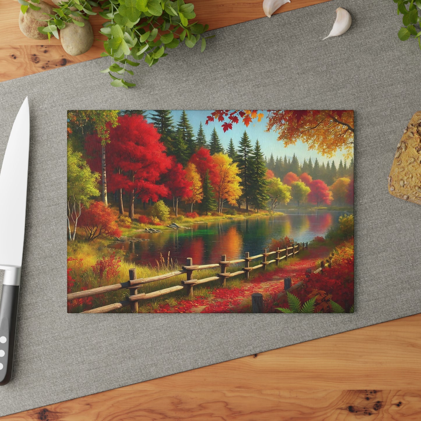 🍂 Autumn Lake Path Cutting Board – Tranquil Forest Reflections for Your Kitchen
