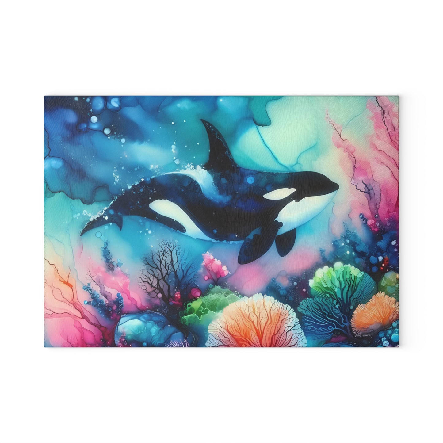 Tabla de cortar de vidrio con orca en acuarela: arte submarino vibrante para hogares amantes del océano